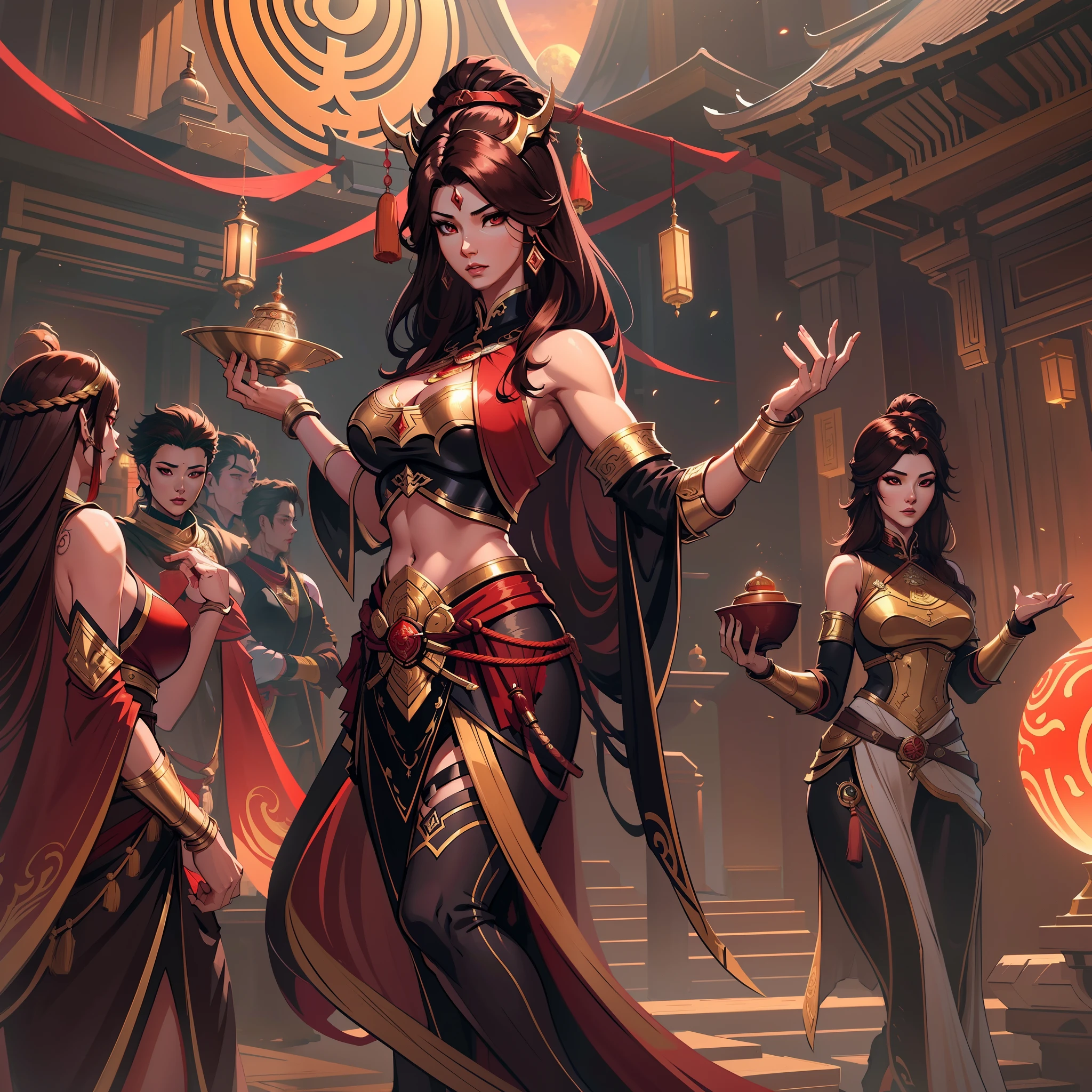 a close up of a strong amazon woman in her 30's, with red eyes and brown hair, wearing a black and red belly dancer attire, a heroine with red eyes, female mage with sun power, middle-eastern princess, standing in a middle-eastern temple, new costume concept design, in the style of blade and soul, full body character concept, detailed character design, inspired by Yang Jin, inspired by Li Mei-Shu, chinese costume, inspired by Lan Ying, inspired by Sim Sa-Jeong, inspired by Li Tang, lunar themed attire, costume with orange accents, inspired by Ju Lian, colored concept art, highly detailed character design, highly detailed face, inspired by Ai Xuan, very highly detailed face, unreal engine render, final fantasy 14 style, inspired by Leng Mei