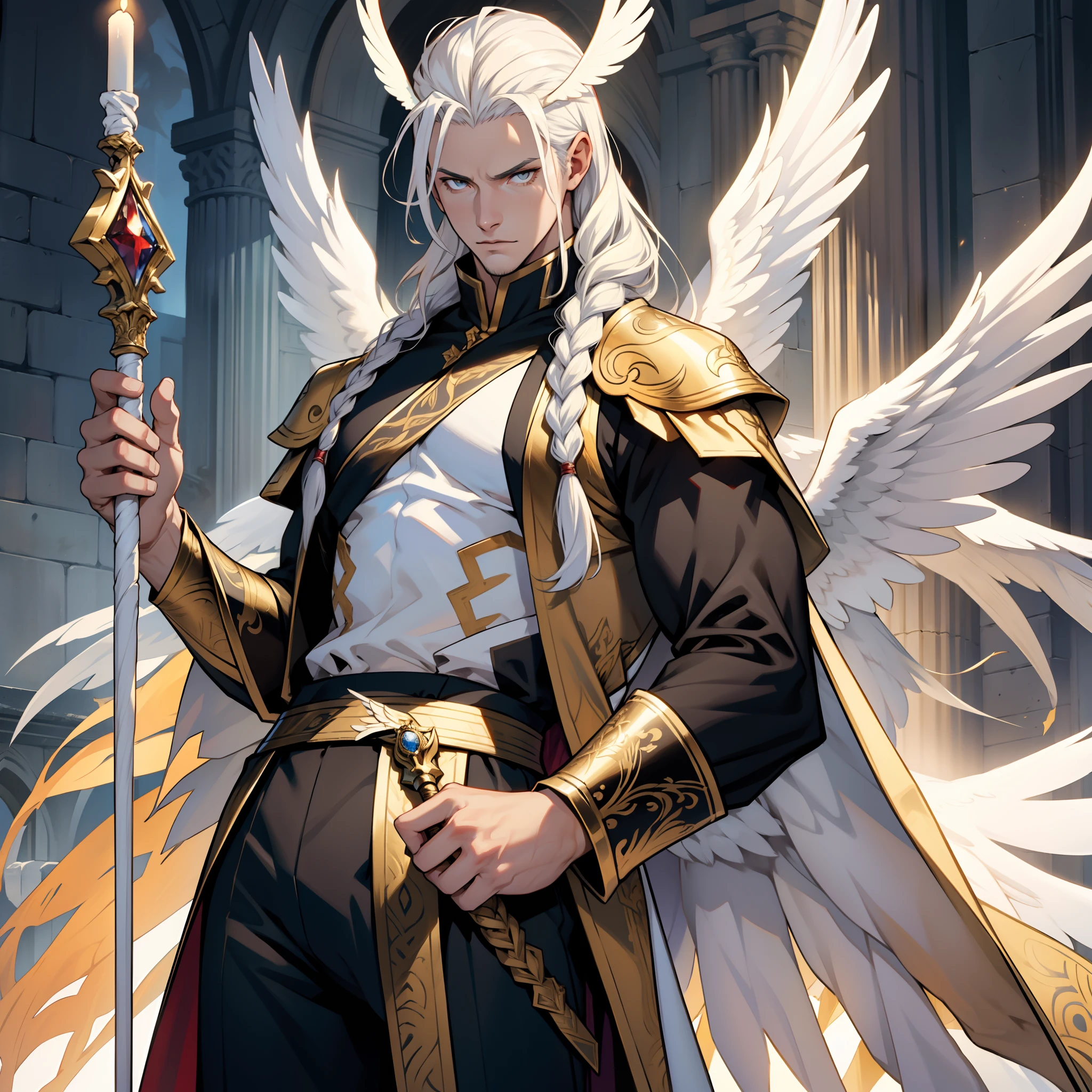 Caius is a handsome male, stands at 7ft tall. He has an athletic body structure. He wears royal attire thats silver and gold. He has beautiful long white silky hair and a golden eye color. He is seen with a staff. He has huge white wings. A big bulge in his pants. White Phoenix human form. His hair is braided back. Portrait. Bara. Roman nose