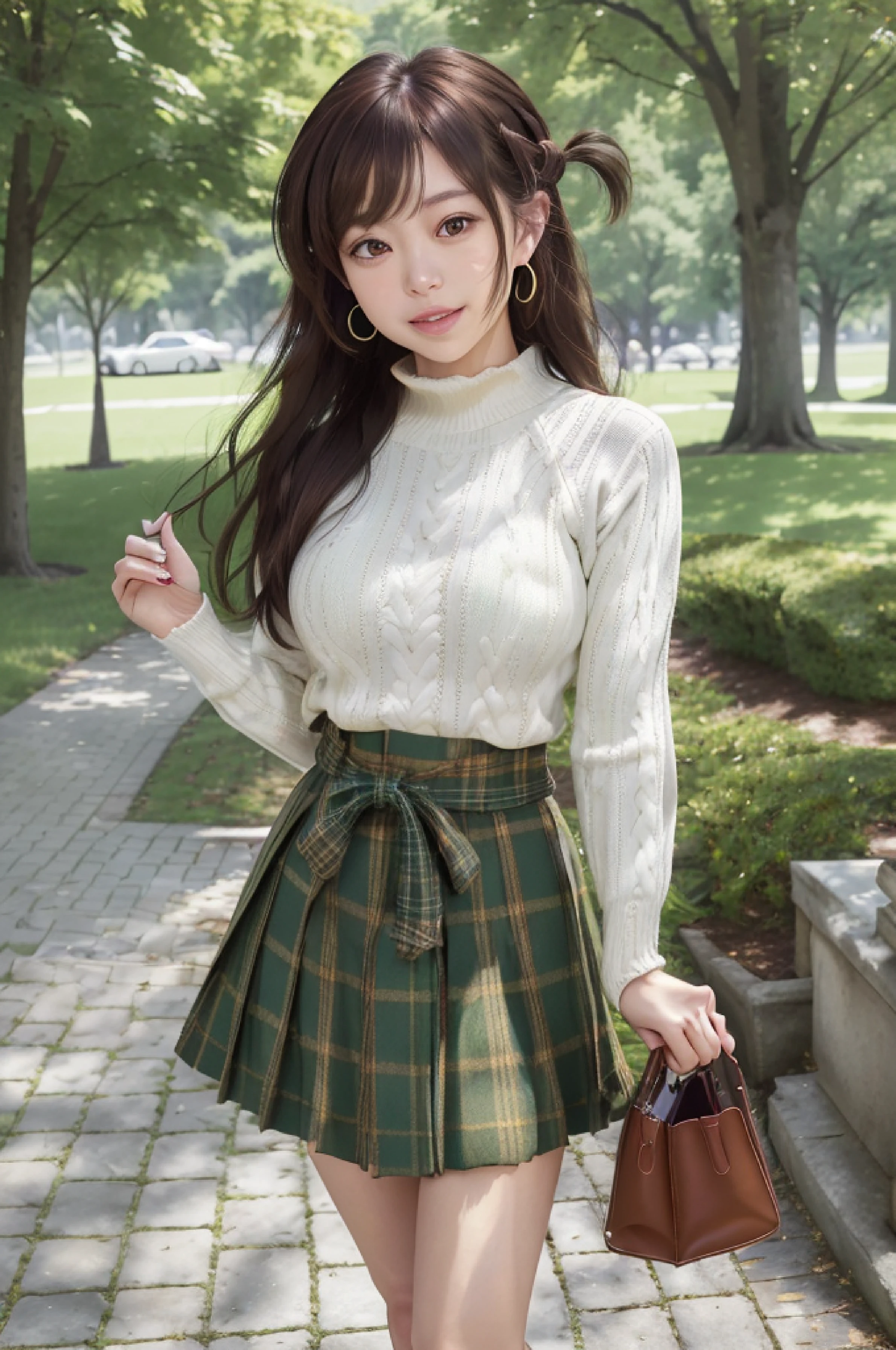 8k, raw camera, highres, detailed, masterpiece, portrait, photorealistic, hyperrealist, aesthetic, beautiful, best quality, highly detaile, best quality clothing, aesthetic clothings, professional angle, rule of thirds, Feminine, delicate, beautiful, 19 years, attractive Japanese, solo, 1 girl, (Chuzuru Ichinose Mizuhara), (In Park with green trees), (Full body), ((From Front) Shallow Depth of Field), Some People in the Background, ((Happy)), (Waist Length Hair, Brown Hair), (Loose Hair, Braid, Bangs , Straight Hair), ((One Side Up)), (Light Brown  Eyes, Open Eyes, Cheerful Gaze), (-, Holding a bag), (Standing, Mouth Closed Smiling), -, Red Bracelet, (Medium Bust), ((High Neck White Sweater, Green Plaid Skirt Knee Length )), (Earrings, Hair RedTie), (-), beautiful body, beautiful eyes, shiny eyes, shiny hair, beautiful mouth, beautiful lips, beautiful skin, beautiful teeth, perfect teeth, beautiful face