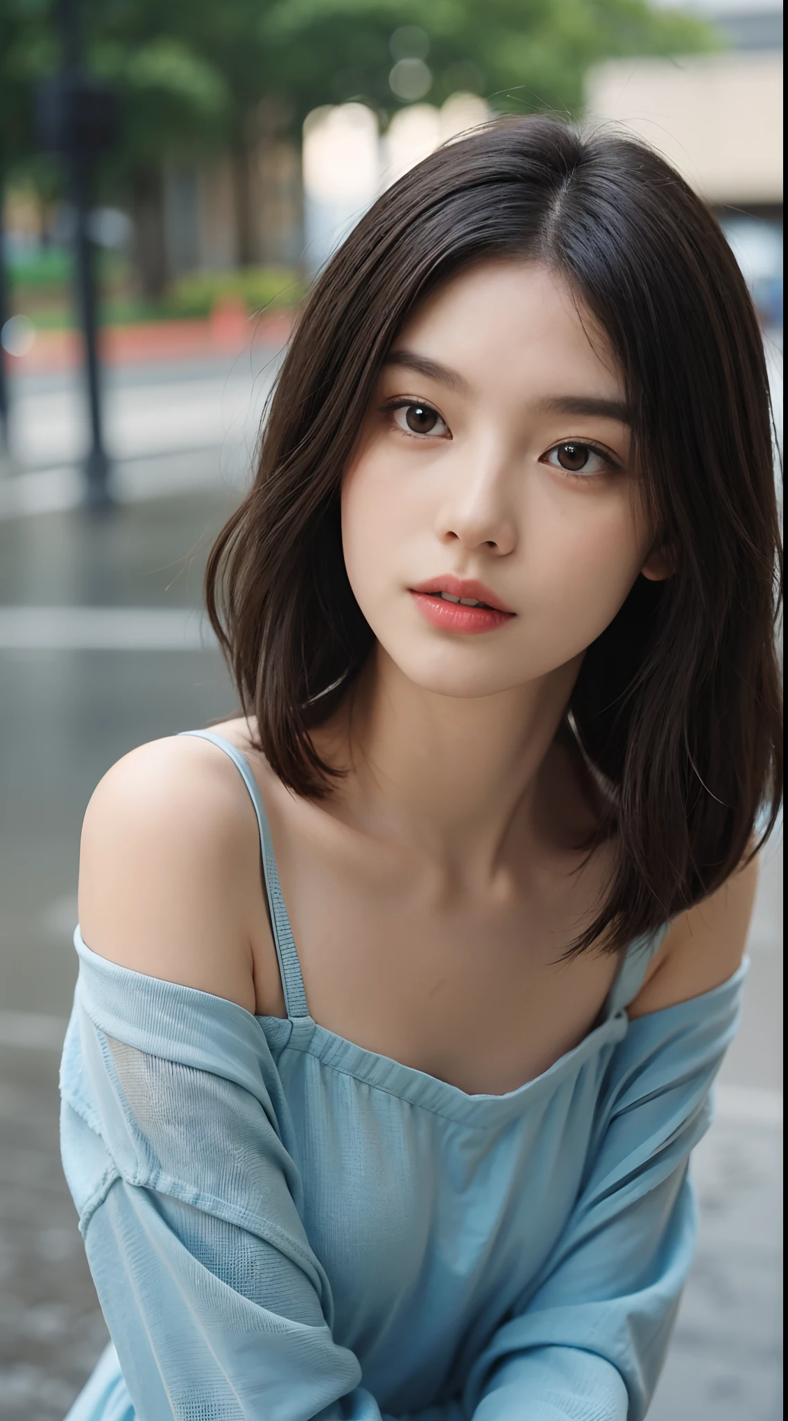 ((best qualtiy, 8K, tmasterpiece:1.3)), Focus:1.2, perfect figure beautiful woman:1.4, ((Cut hair in layers, )), , (rain, street:1.3), shift dresses:1.1,Black underwear shoulder strap Highly delicate face and skin thick eyebrow eyes, 二重まぶた,Whiten skin,long whitr hair,(with a round face:1.5)