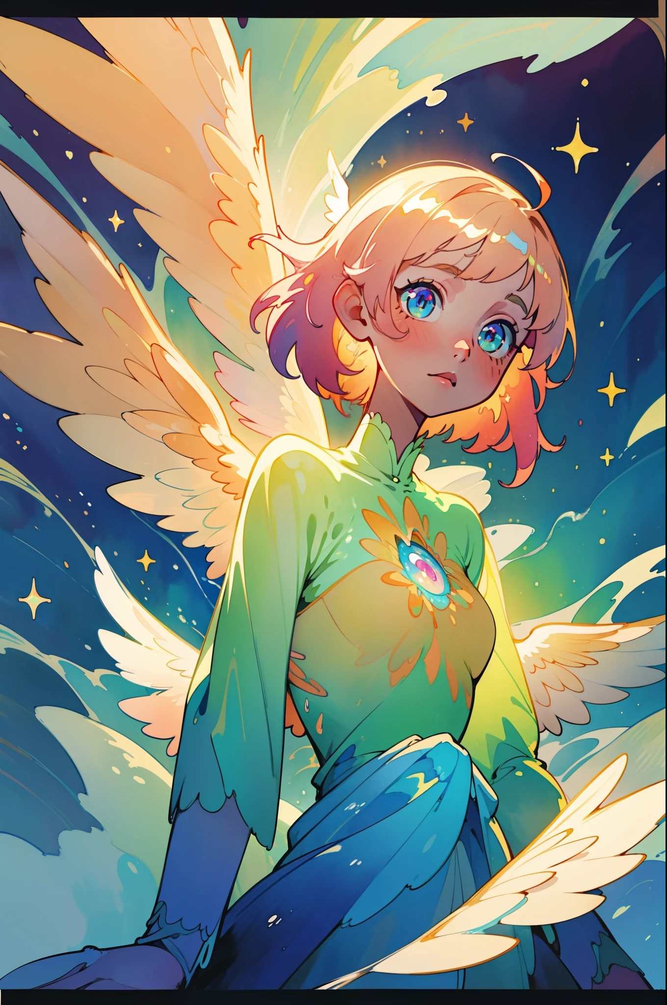 masterpiece, best quality, sharp focus, 8k, intricately detailed environment, anime, watercolor illustration, colorful, bright colors, whimsical, glowing lights, liquid otherworldly, fairy lights, beautiful girl in flowing liquid glowing dress, perfect face, golden ratio, sparkling eyes, watercolor, liquid light, angel wings