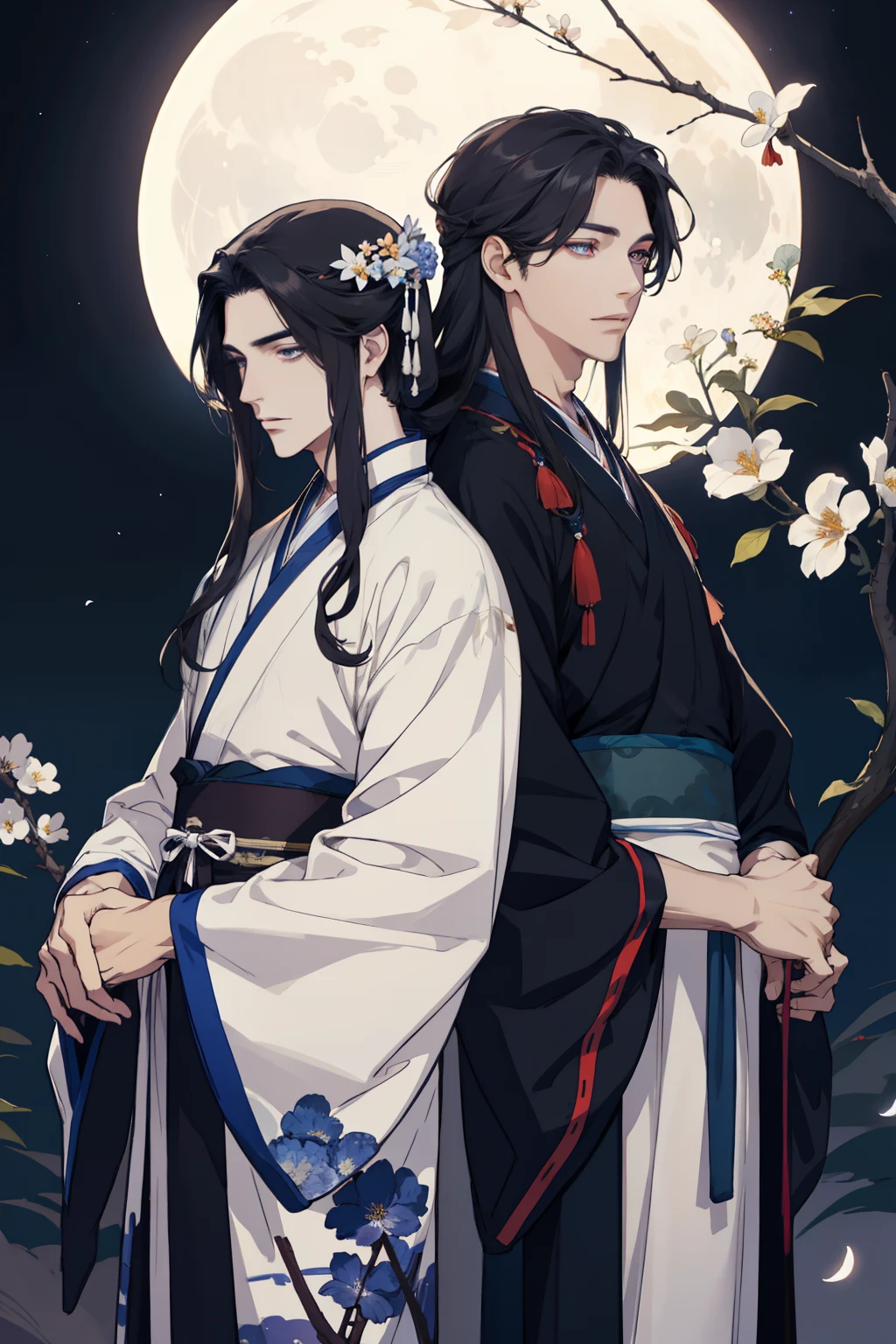 Two men., attractive, lover, Finely detailed eyes and detailed face, long-haired, fantasy, Spectacular backgrounds, Fluttering flowers, moon light, Wearing traditional hanfu