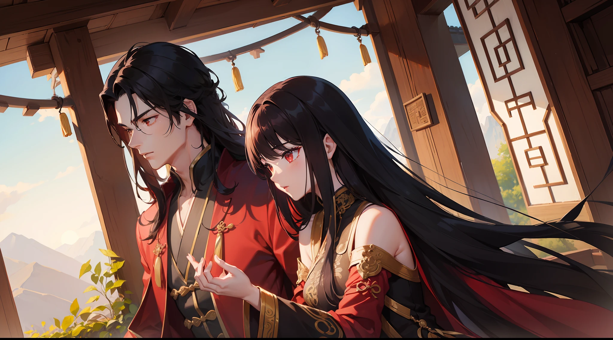 (((high detail))), best quality, couple, 1 young man with long black hair, 1 matured woman with red hair, xianxia, wuxia, man has black and ref outfit, romantic pose, dynamic angle, wuxia house background