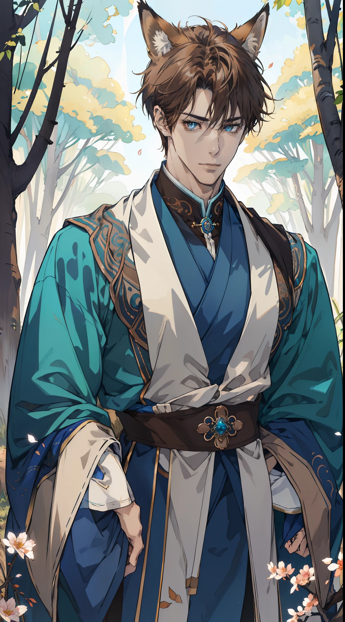 (absurdres, highres, ultra detailed), fox boy, 1 male, adult, male focus, handsome, handsome, tall muscular guy, broad shoulders, finely detailed eyes and detailed face, short brown hair,
turquoise eyes, handsome, Grey-Blue Japanese costumes, fantasy, forest, gentlemanly, Brown fox ear, Brown fox tail. 4k wallpaper (High quality: 1.2, Clothing: 1.4) (((In the moring))) (Provocative light) Blooming Flower, Flying Petals, Defined Face) Perfect Hands)Fantastic light and shadow, Scenery, portrait