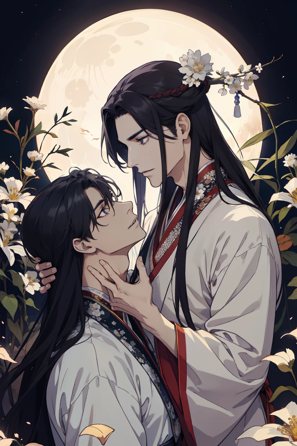 Two men.., attractive, lover, caress, Finely detailed eyes and detailed face, long-haired, fantasy, Spectacular backgrounds, Flowers flutter, moon light, Wearing traditional hanfu