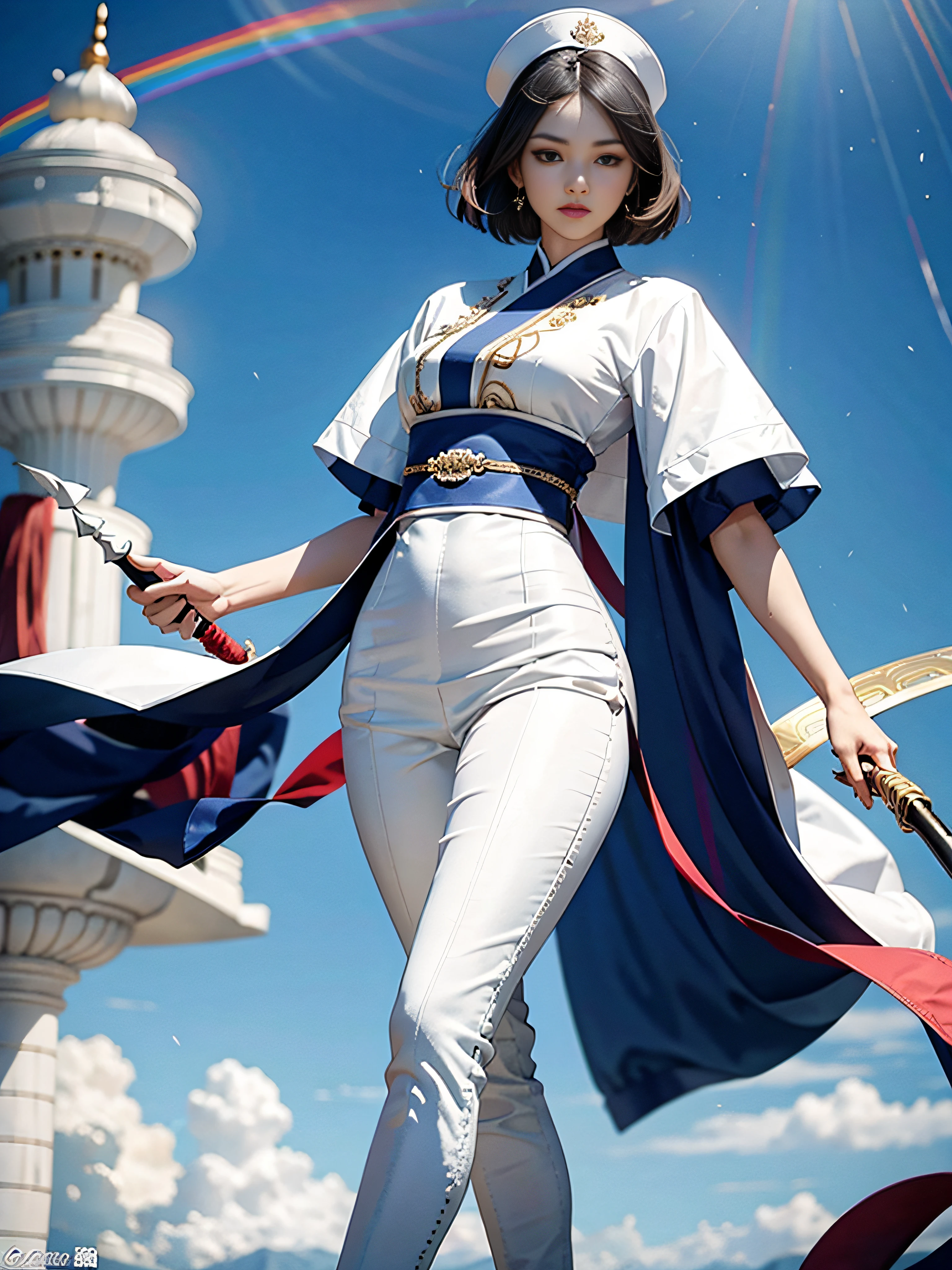 Royal sister,Big sister type,Oriental women,gallant woman,Cold sass,short detailed hair,,tmasterpiece,A high resolution,,Absolutely beautiful,,(Wide buttock:1.4),(Thick legs:1.4),are standing,exquisitedetails,A high resolution,Wallpapers,1female,独奏,,enchanted、Raised sexy, Rich expressions, trinkets,Tight white hanfu,,校服,Short sleeves tight white trousers,Wearing white boots,With a sword,embroidery, natural poses,standing on your feet, Fanning,16K,HDR,A high resolution,depth of fields,Bocoon,prime time,Vignette,rainbowing,