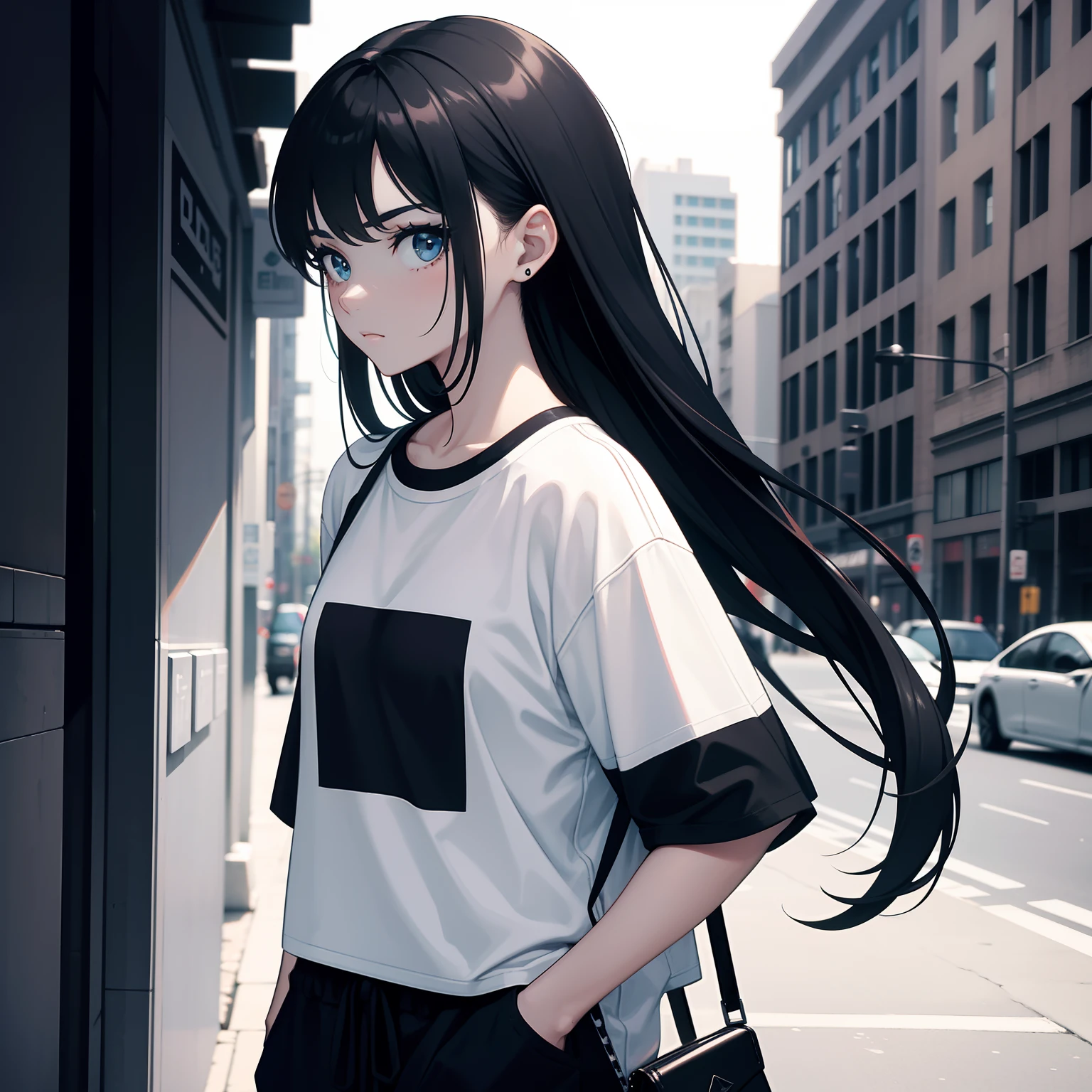 girl, side portrait, black and white,edgy accessories,sporty style, casual t-shirt, confident gaze, monochrome color scheme, looking to the side, chic street fashion, casual hands in pockets pose,head,Long Hair