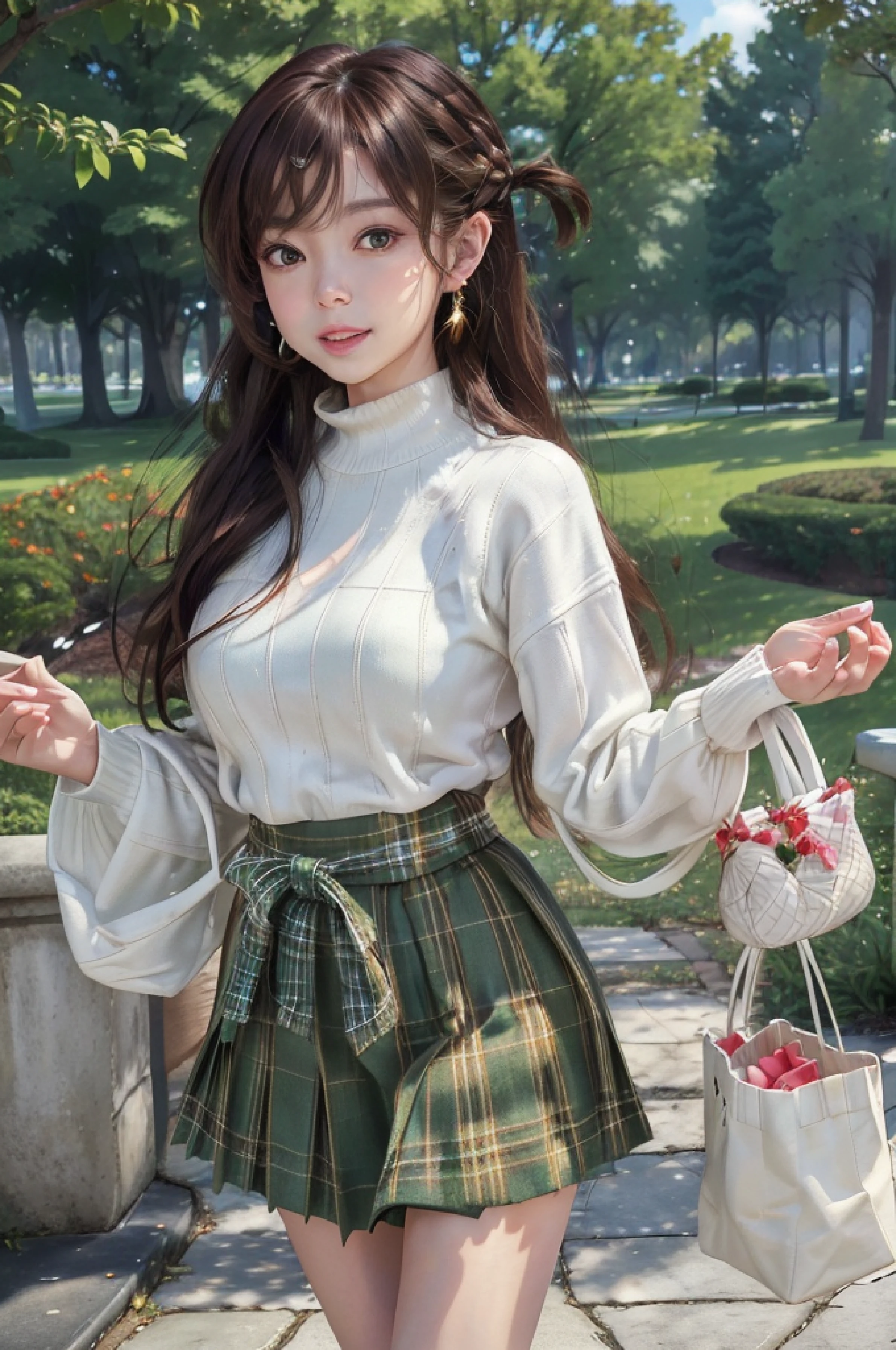 8k, raw camera, highres, detailed, masterpiece, portrait, photorealistic, hyperrealist, aesthetic, beautiful, best quality, highly detaile, best quality clothing, aesthetic clothings, professional angle, rule of thirds, Feminine, delicate, beautiful, 19 years, attractive Japanese, solo, 1 girl, (Chuzuru Ichinose Mizuhara), (In Park with green trees), (Full body), ((From Front) Shallow Depth of Field), Some People in the Background, ((Happy)), (Waist Length Hair, Brown Hair), (Loose Hair, Braid, Bangs , Straight Hair), ((One Side Up)), (Light Brown Eyes, Open Eyes, Cheerful Gaze), (-, Holding a bag), (Standing, Mouth Closed Smiling), -, Red Bracelet, (Medium Bust), ((High Neck White Sweater, Green Plaid Skirt Knee Length )), (Earrings, Hair RedTie), (-), beautiful body, beautiful eyes, shiny eyes, shiny hair, beautiful mouth, beautiful lips, beautiful skin, beautiful teeth, perfect teeth, beautiful face