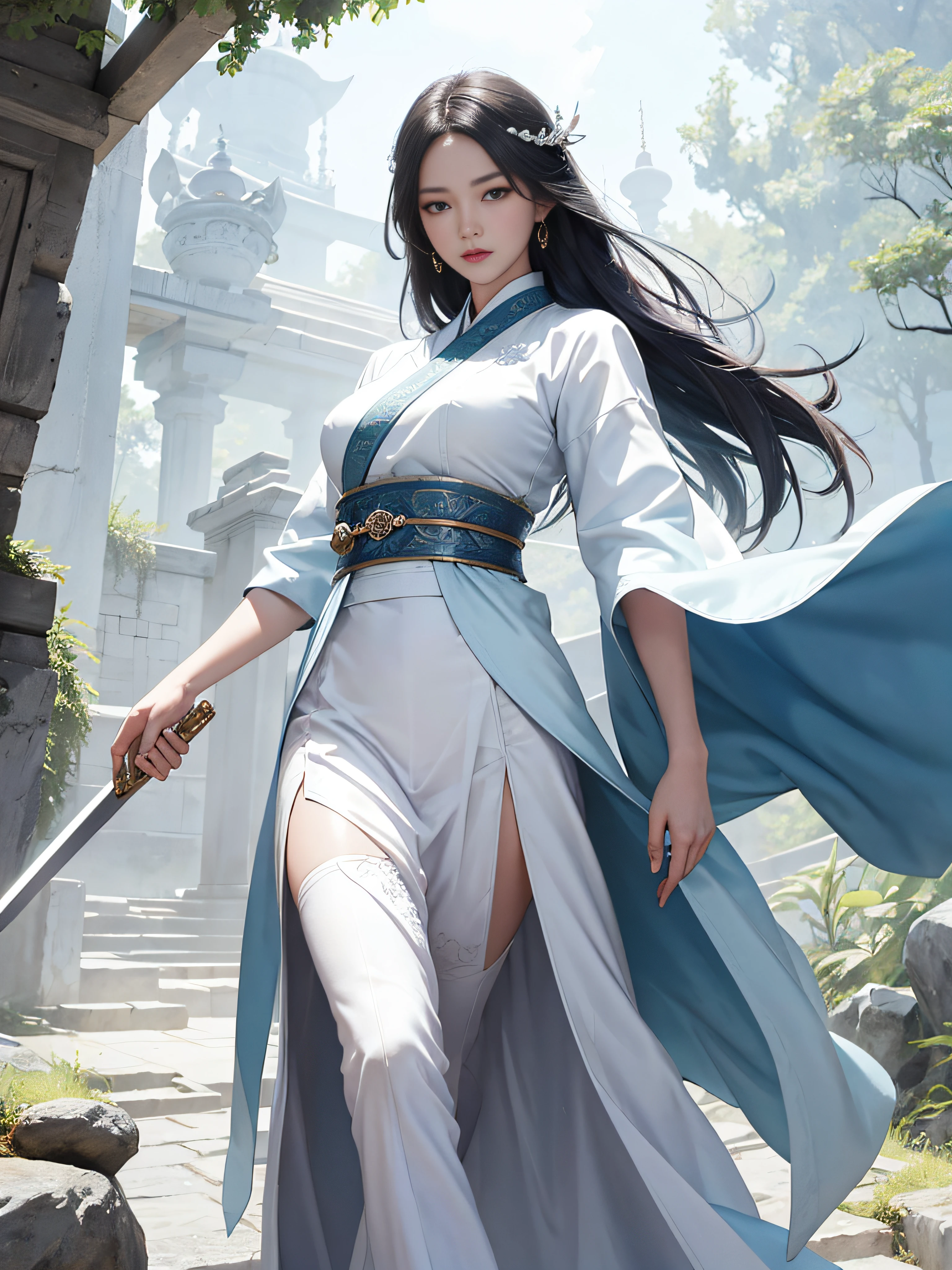 Royal sister,swordsmen,Big sister type,Oriental women,gallant woman,Cold sass,,tmasterpiece,A high resolution,,Absolutely beautiful,,(Wide buttock:1.4),(Thick legs:1.4),are standing,exquisitedetails,A high resolution,Wallpapers,1female,独奏,,enchanted、Raised sexy, Rich expressions, trinkets,Tight white hanfu,,校服,Short sleeves tight white trousers,Wearing white boots,With a sword,embroidery, natural poses,standing on your feet, Fanning,16K,HDR,A high resolution,depth of fields,Bocoon,prime time,Vignette,rainbowing,