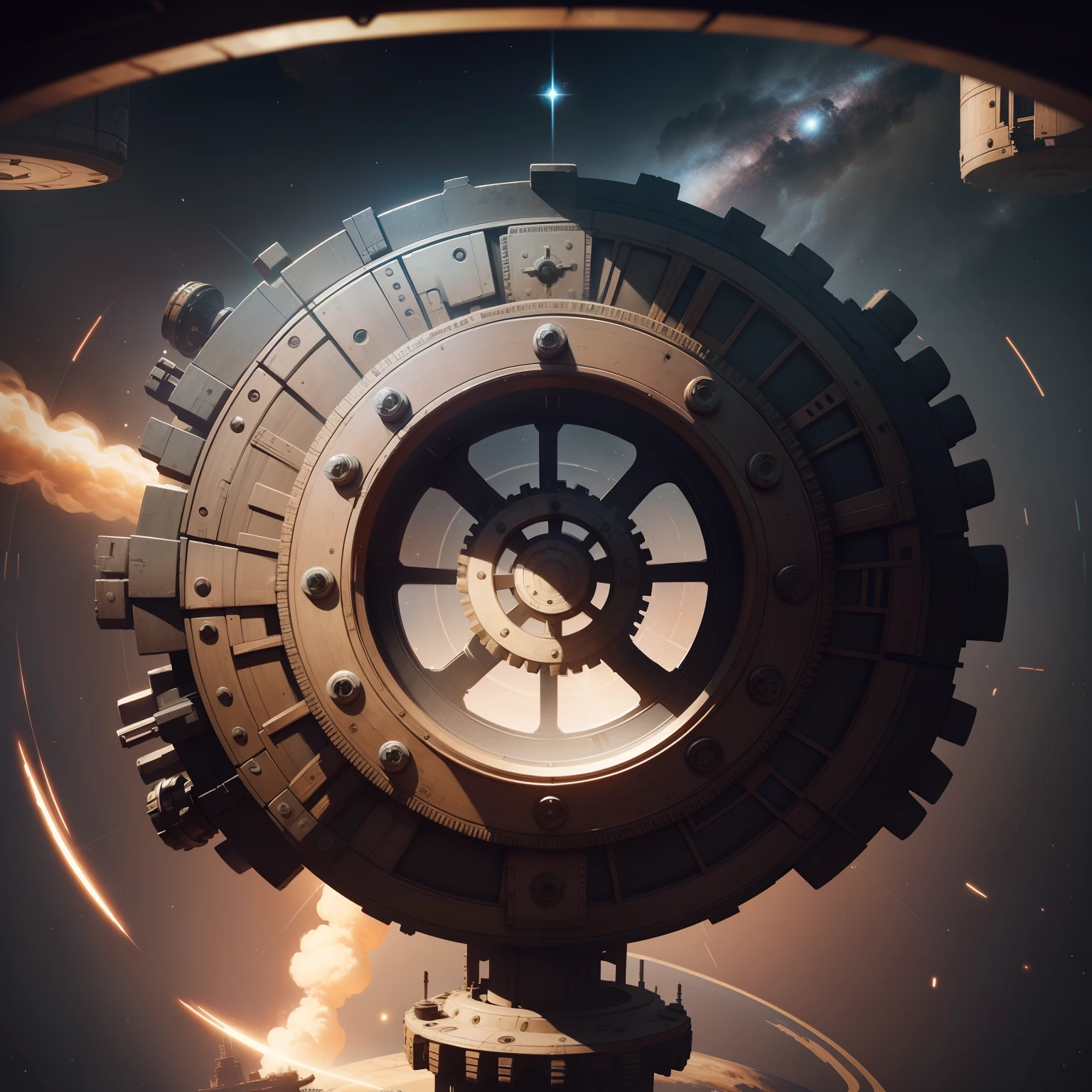 gear wheel，steampunc，arma，Circular space station，Center cutout，space backdrop，Huge space station