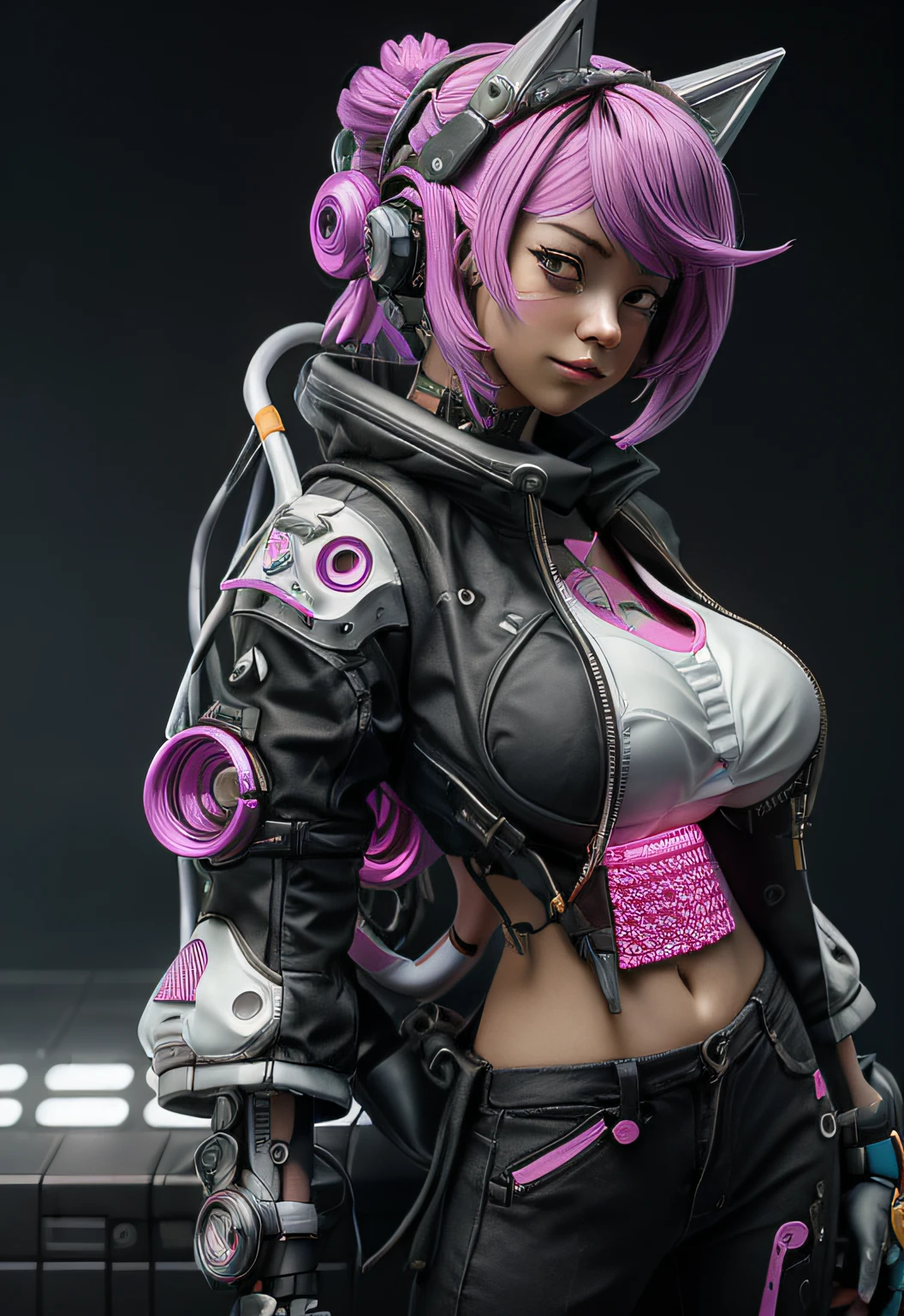 una mujer con cabello rosa sentada encima de una pared, arte cyberpunk de anime, arte de anime cyberpunk, chica de anime cyberpunk femenina, chica de anime cyberpunk, dreamy cyberpunk girl, chica cyberpunk, anime cyberpunk, cyberpunk beautiful girl, arte de anime cyberpunk digital, un cyborg cyberpunk adolescente, neonpunk, cyborg joven, arte cyberpunk de alta calidad, anime cyberpunk moderno, (Gigantic Breasts:1.6)(hanging breasts: 1.5)(breasts squeeze: 1.3)(bimbo 1.4)(Disproportional Tits: 1.4)