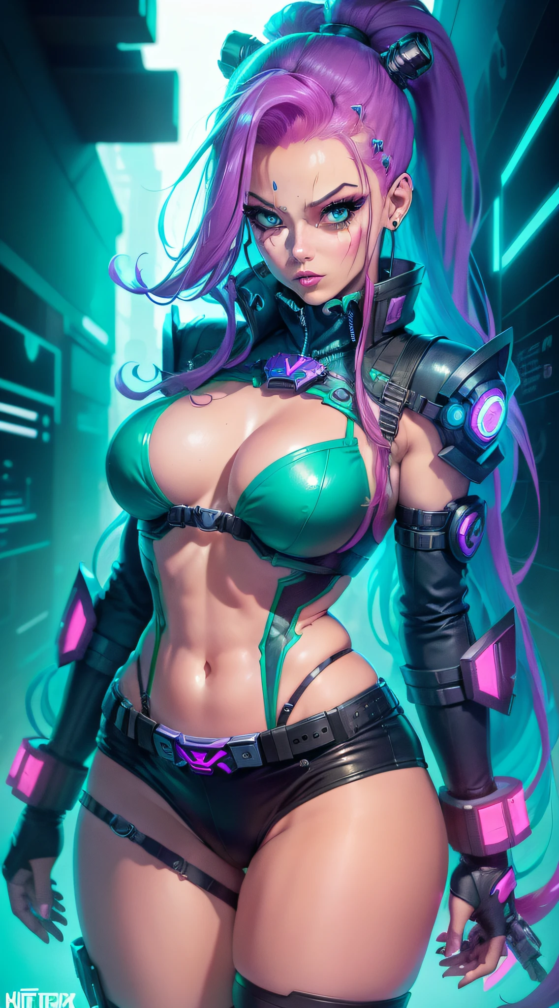 cyber punk hot Woman body defined thick thighs cybernetic body parts , short underwear, peito enorme ruiva olho verde e cosplay de jinx league of legends 8k