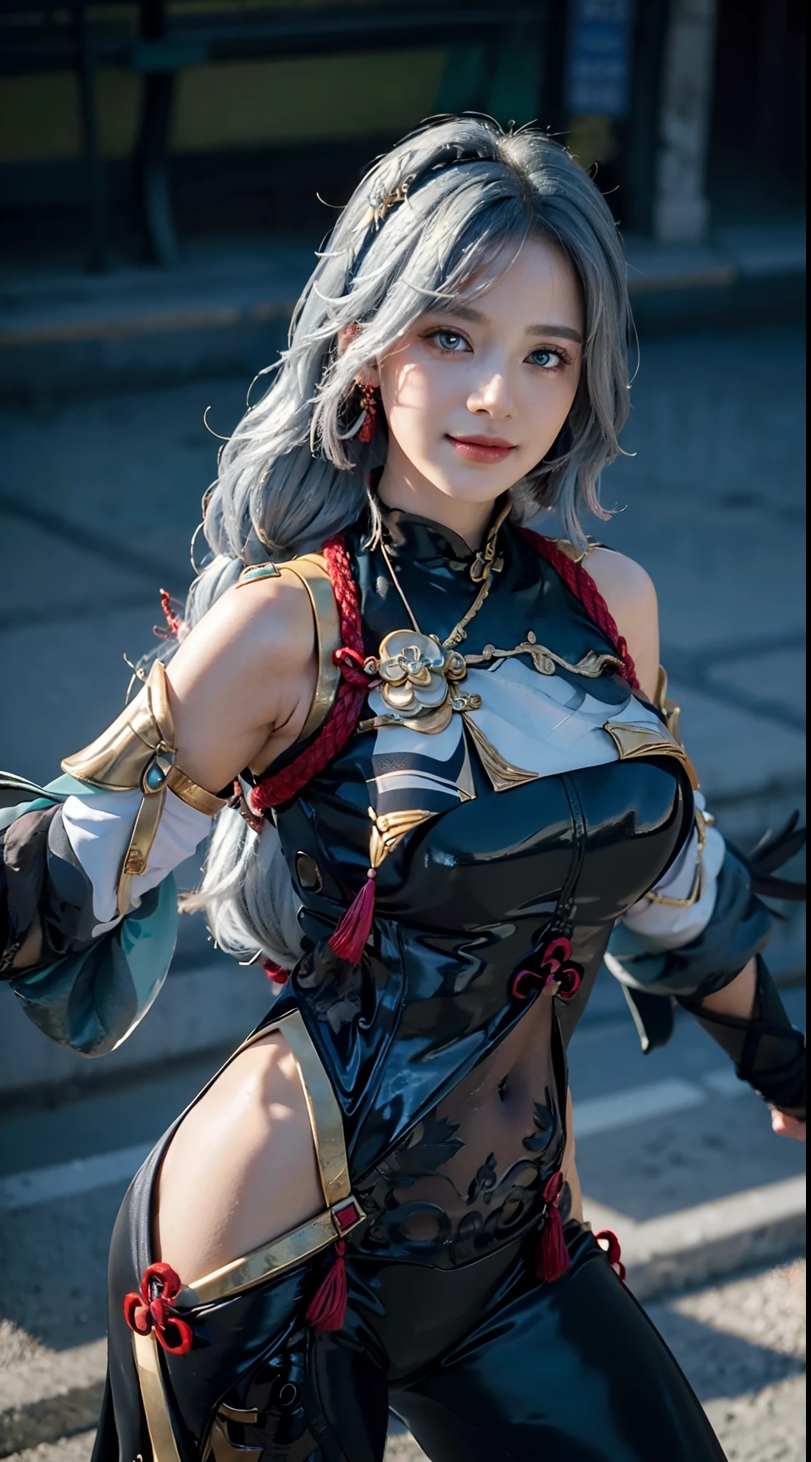 (((masterpiece))), 4k res, highly detailed, (((extremely detailed eyes))), detailed background, cinematic lighting, crystal clear eyes, high quality, highres, ultra-detailed, 8k, best quality, 1girl, solo, shadow, backlighting, light particles, smile,grey hair,long hair,hair ornament, Part of the hair covers the right half of the face,blue eyes,braided ponytail,puffy sleeves,gold trim,gloves,bodysuit,large breasts,breast curtain, shoulder cutout,covered navel,hip vent,clothing cutout, tassel,(masterpiece:1.3), (the best quality:1.2), (super fine illustrations:1.2), (Masterpiece), high quality, high detail,(SOLO:1.4),((round image)), whole body, 1girl, (((shenhe,genshin impact))), smile, blush, closed mouth
