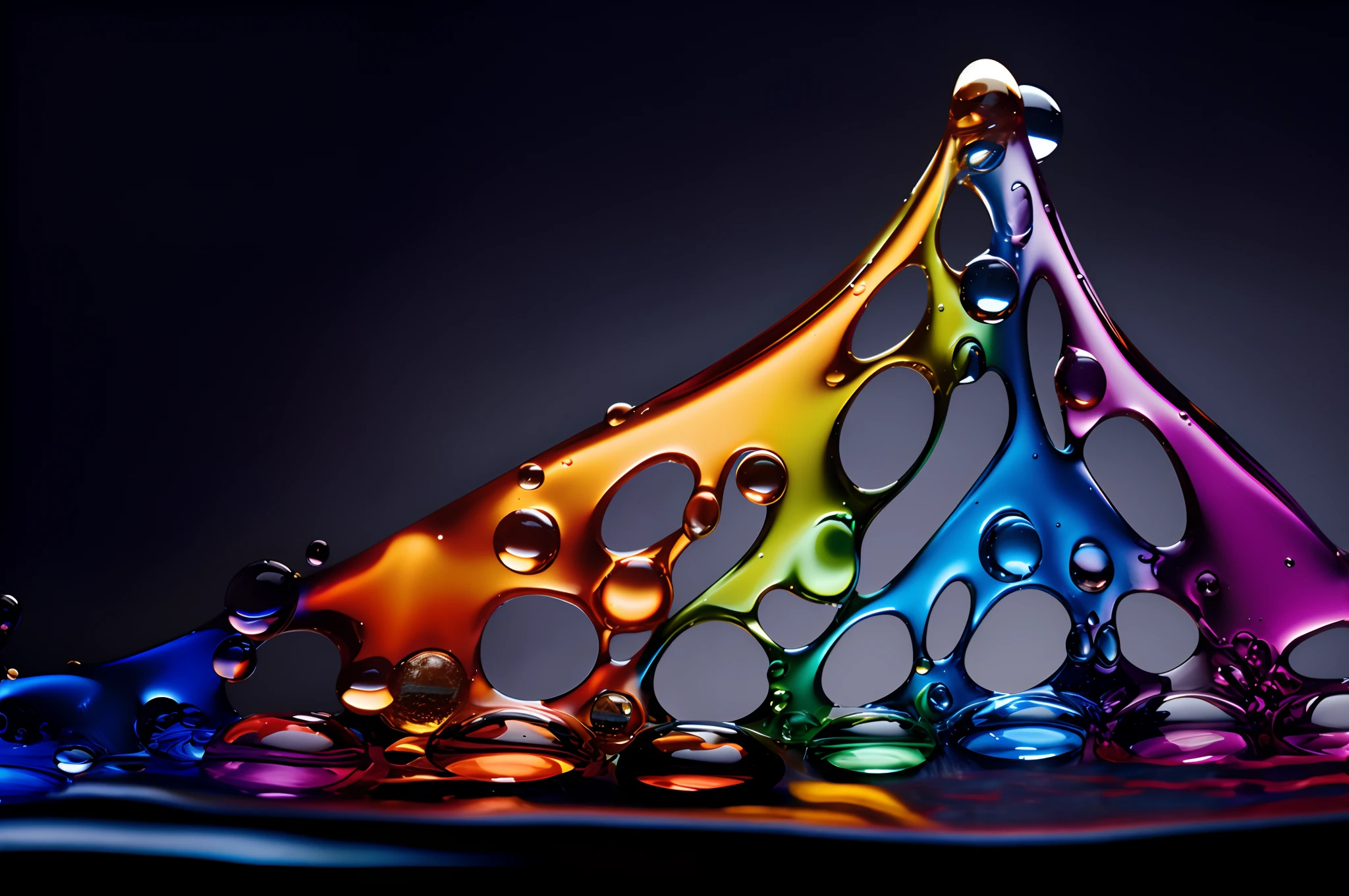 The Ala fly-colored liquid drips on the surface of the water, liquid sculpture, Color dispersion, rainbow liquids, rainbow splash of ink, viscous rainbow paint, abstract liquid, prize winning color photo, splash of color, abstract photography, colored photography, psychedelic droplets of water, paint drops, Colored ferrofluidic armor, liquid splashes, Color HD photography