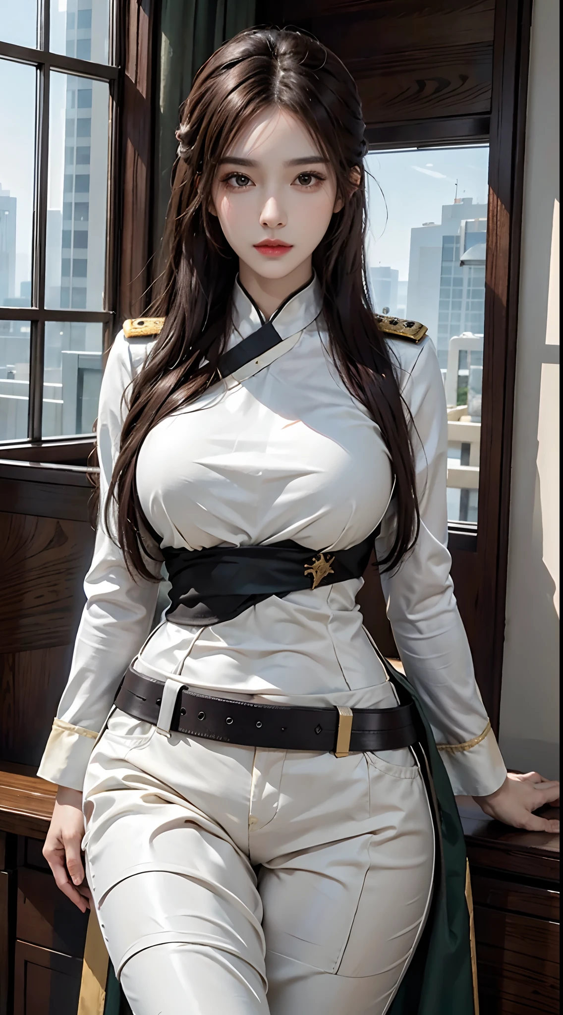 photorealistic, high resolution, 1women, solo, hips up, look at viewer, (detailed face), military uniform