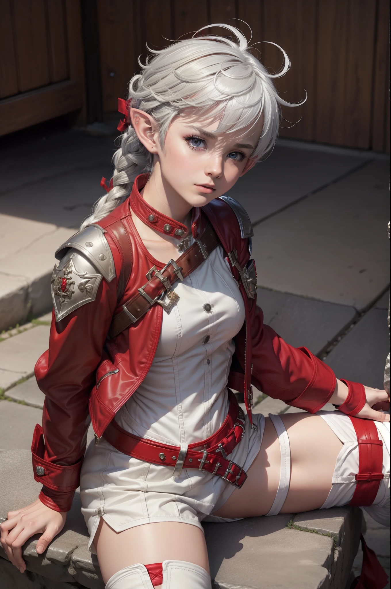 masterpiece, best quality, 1girl, alisaie, single braid, hair ribbon, red jacket, shoulder armor, red fingerless gloves, white shirt, red belt, white shorts, thigh boots, sitting, looking at viewer, looking up, serious expression, rocks, gravel
