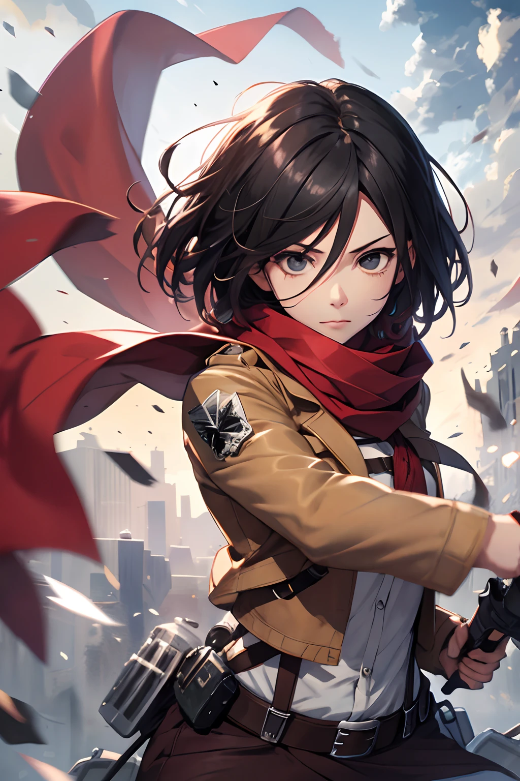 masterpiece, best quality, highres, hmmikasa, short hair, black eyes, scarf, emblem, belt, thigh strap, red scarf, white pants, brown jacket, long sleeves, holding weapon, sword, dual wielding, three-dimensional maneuver gear, fighting stance, sky, highest quality, high resolution.