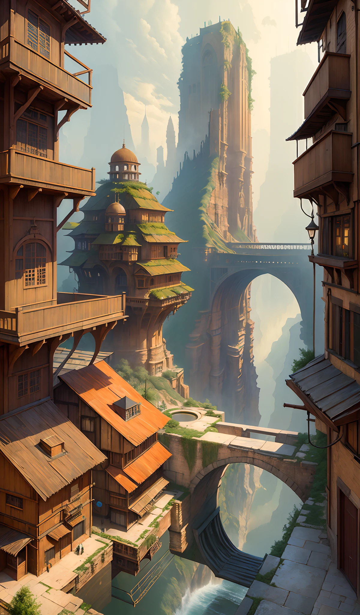 ((masterpiece)),((best quality)),((high detial)),((realistic,)) Industrial age city, deep canyons in the middle, architectural streets, bazaars, Bridges, rainy days, steampunk, European architecture