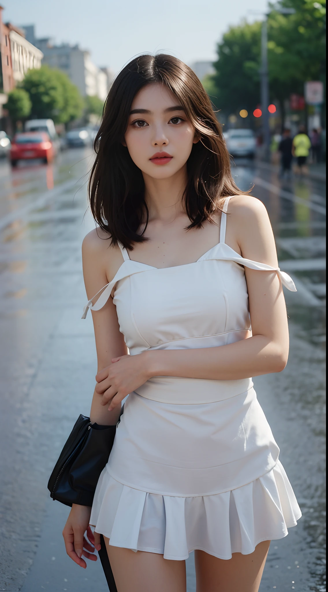 ((best qualtiy, 8K, tmasterpiece:1.3)), Focus:1.2, perfect figure beautiful woman:1.4,  ((Cut hair in layers, )), , (rain, street:1.3), shift dresses:1.1,Black underwear shoulder strap Highly delicate face and skin thick eyebrow eyes, 二重まぶた，Whiten skin，long whitr hair,(with a round face:1.5)