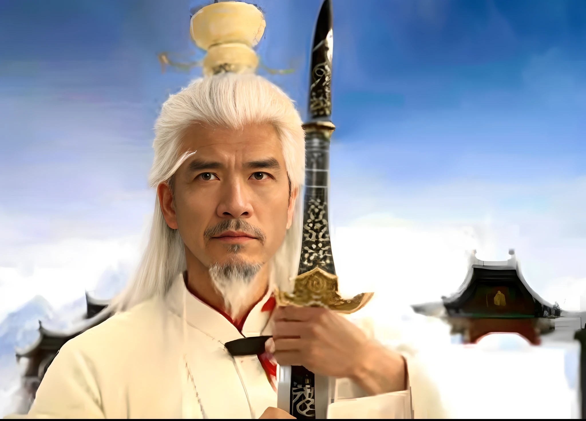 A white-robed Arafard man holds a sword in front of a mountain, Taoist master, pan ren wei, cloud-like white hair, chi-gong, hua cheng, with long white hair, Taoist, Long, Smooth white hair, White-haired, White-haired god, Yan, tian zi, feng shu, Inspired by Seki Dosheng