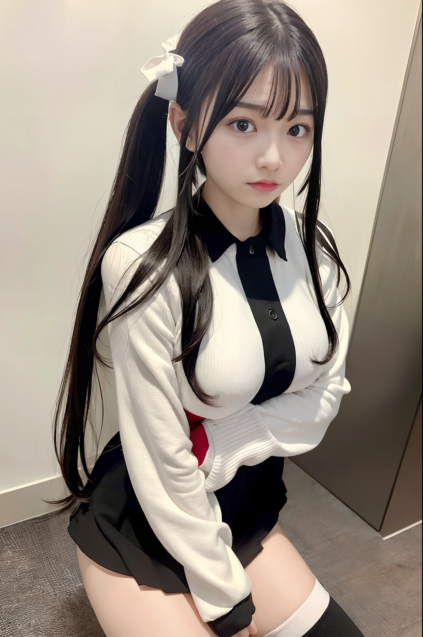 {{{masterpieces}}}, highly detailed face, highly detailed hair, twin tails, {{ girl}}, looking at viewer, large breast,ahoge, white knee socks, black hair, very long hair, white clothes, white hairband, red collar, metal chain, {{{erotic}}}, view from top side, handcuffs, weeping,perfect body