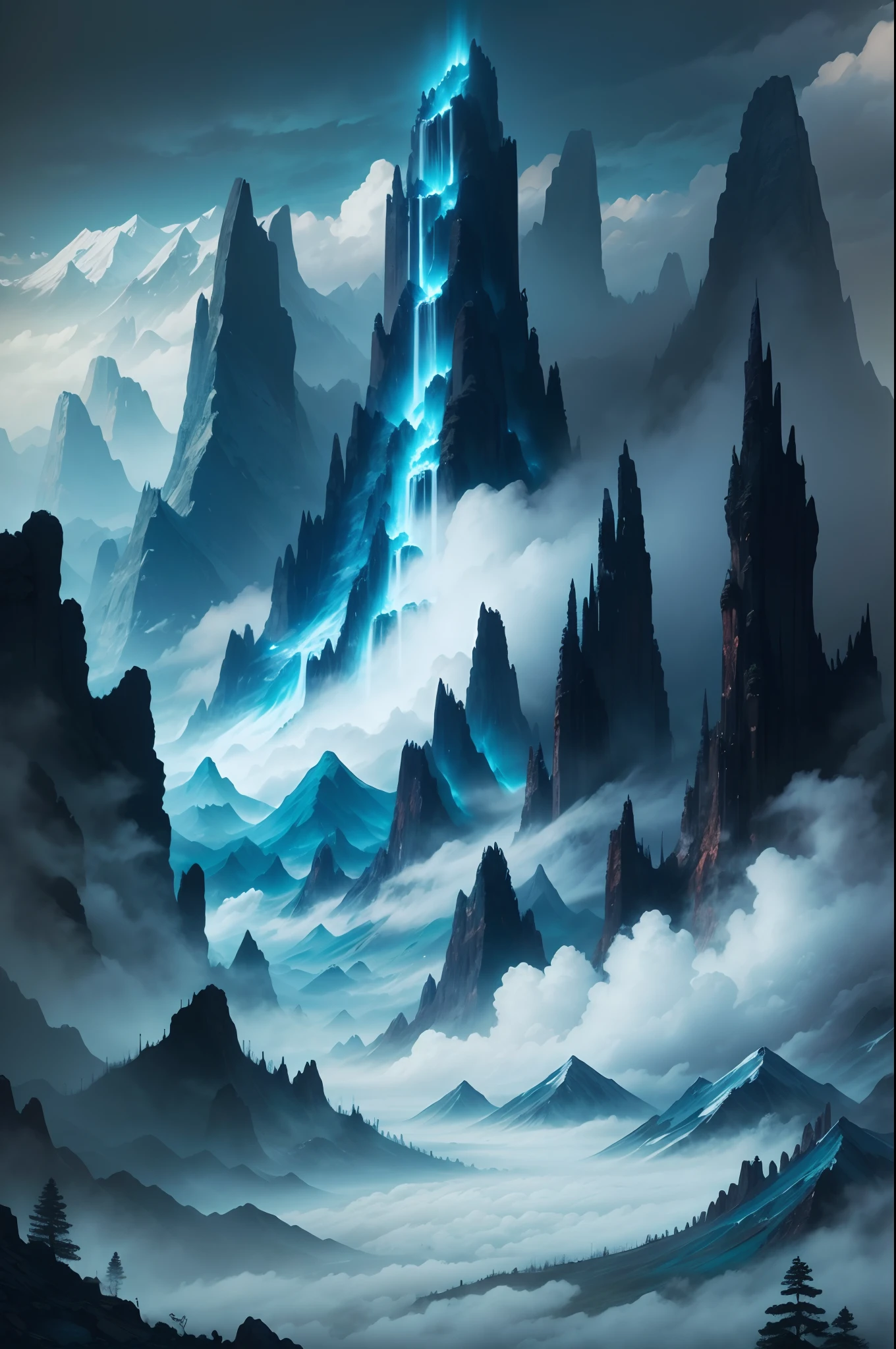 Land of the dead, mountains, blue mist, blue fog, Night , dark theme, no humans