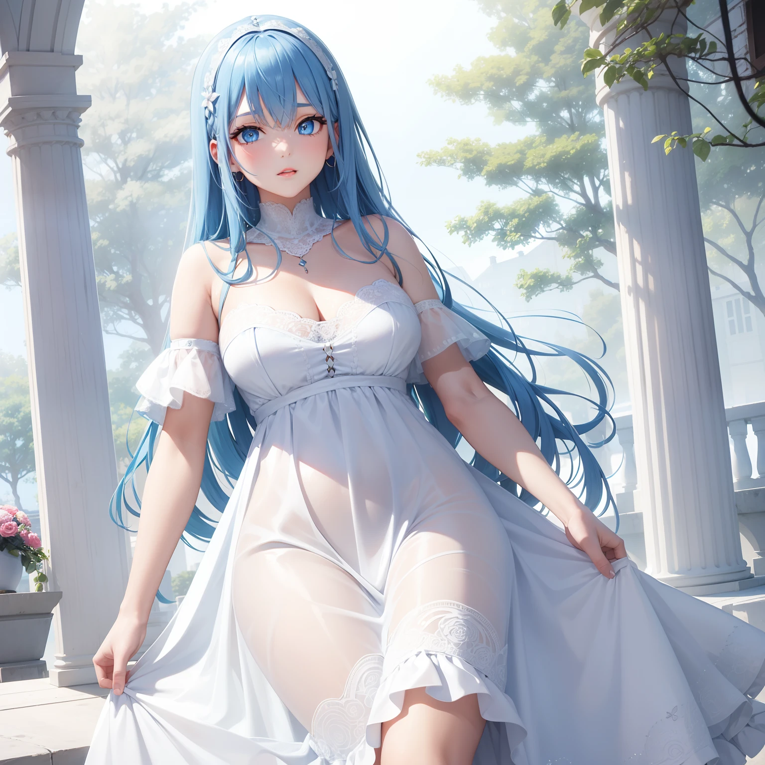 a women, blue hair, blue eyes, white dress