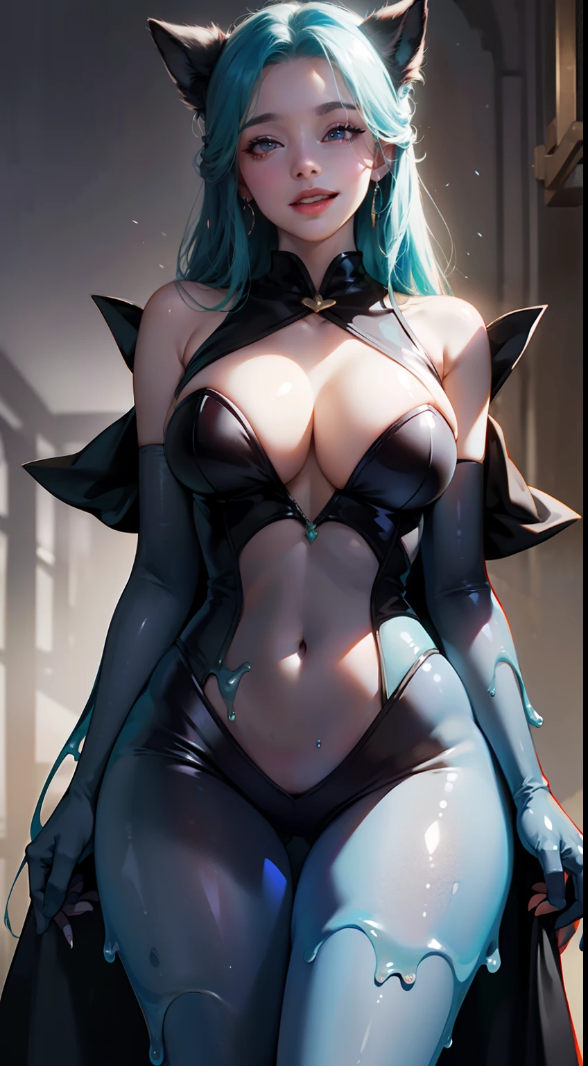 Grace Lime Woman,gray slime, Full body slime body、Complete Outside、Monster Scalpel, (Photorealsitic), (​masterpiece, :1.3),(top-quality:1.4), (超A high resolution:1.2), 超A high resolution, (A detailed eye), (detailed facial features), nffsw, 8K分辨率, (lensflare:0.7),Full Body Art、large full breasts、evil smile、Beautiful