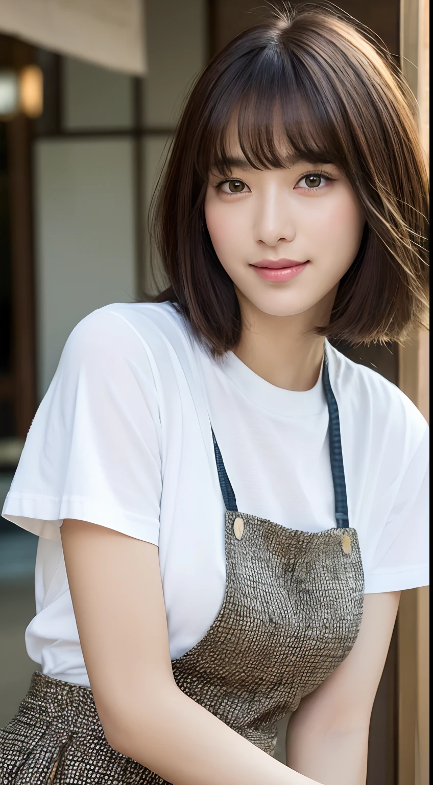 (8K、Raw photography、top-quality、masuter piece:1.2)、ultra-detailliert、ultra res、(realisitic、rialistic photo:1.37)、portlate、high-definition RAW color photography、Professional Photography、highly detailed and beautiful、ighly detailed、8K Picture Wallpaper、amazing detailed、huge filesize、Official art、Highly detailed CG Unity 8K wallpapers、highly detailed beautiful girl、extra detailed face、extremely detailed eye、highlydetailed skin、extremely detailed fingers、highly detailed nose、very detailed detailed mouth、Perfect Anatomy、highly detailed back ground、Highly detailed clothing、女の子 1 人、(18:1.2)、、Cutel s、famous Japan idol、cute little、Realistic body、小柄、de pele branca、glistning skin、Slim body、Handsome body、brown haired、short constricted curly hair、(Blunt bangs:1.2)、A smile、kawaii、zora々Right、kawaii faces、Lifelike face、Delicat eyes、Sauce order、White T-shirt、skirt by the、耳Nipple Ring、Looking at the camera、cowboy shot、front facing、Standing、Contrapo, high street, public, 动态照明,short-hair、bobhair、shorth hair