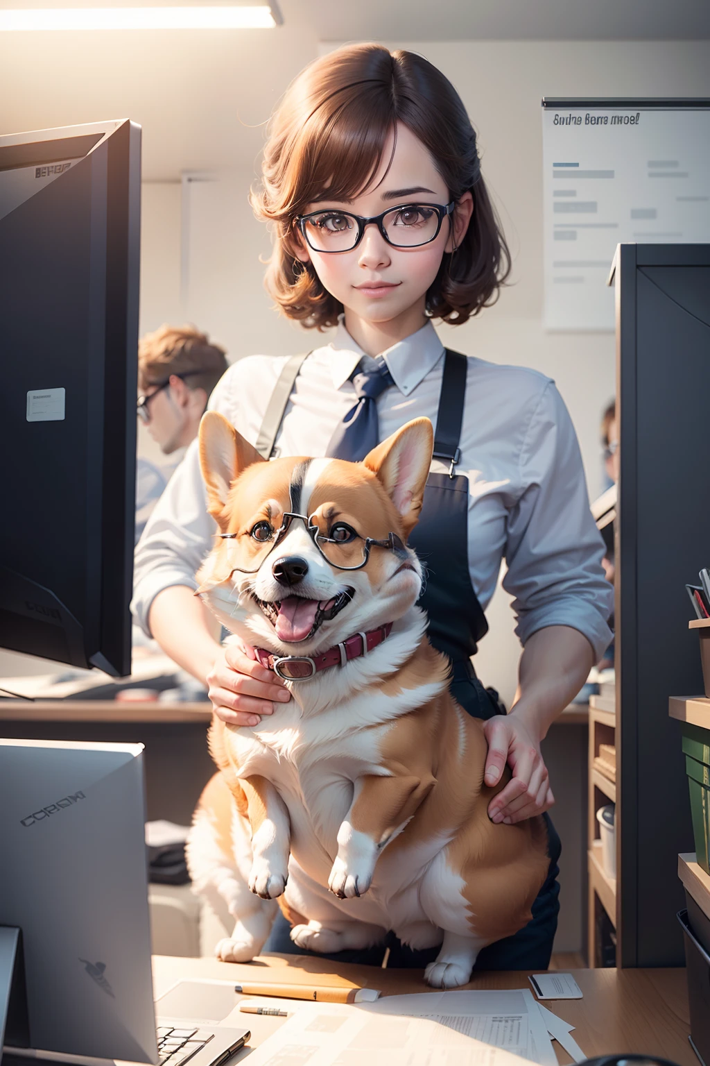 A company working overtime on a bespectacled corgi