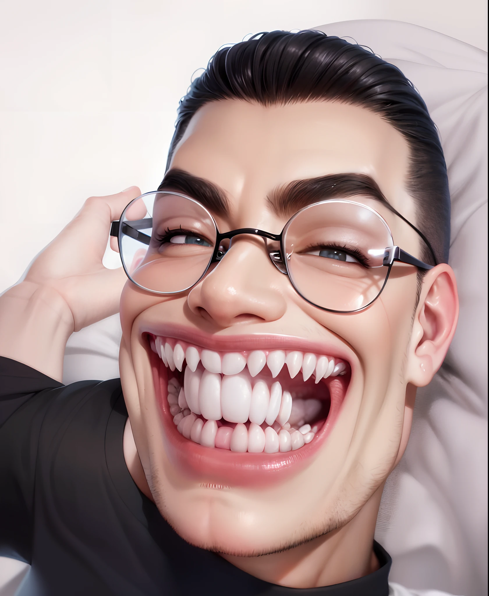 Smiling man with glasses and black shirt on bed, mad smile, twitch streamer ,very huge smile, scary smile, Laughing maniacally, A sarcastic smile with teeth bared, venomize,terroral,Dark painting style,Artistically。
