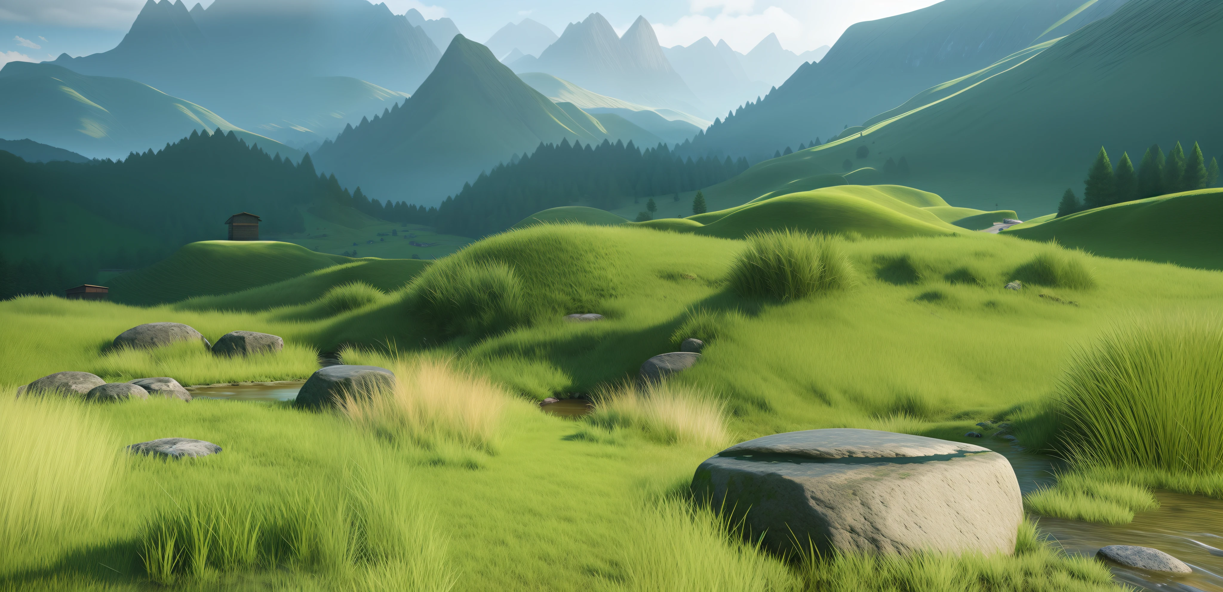 grassy fields，There is a stream and a rock in the middle, grass mountain landscape, beautiful landscape rendering, Detailed scenery —width 672, grass landscape, 3 d landscape, 3D landscape, 3 d virtual landscape painting, Landscape scenery, detailed scenic view, landscape - scenery, grassy hill, rendered in cryengine, photorealistic landscapes, natural realistic render