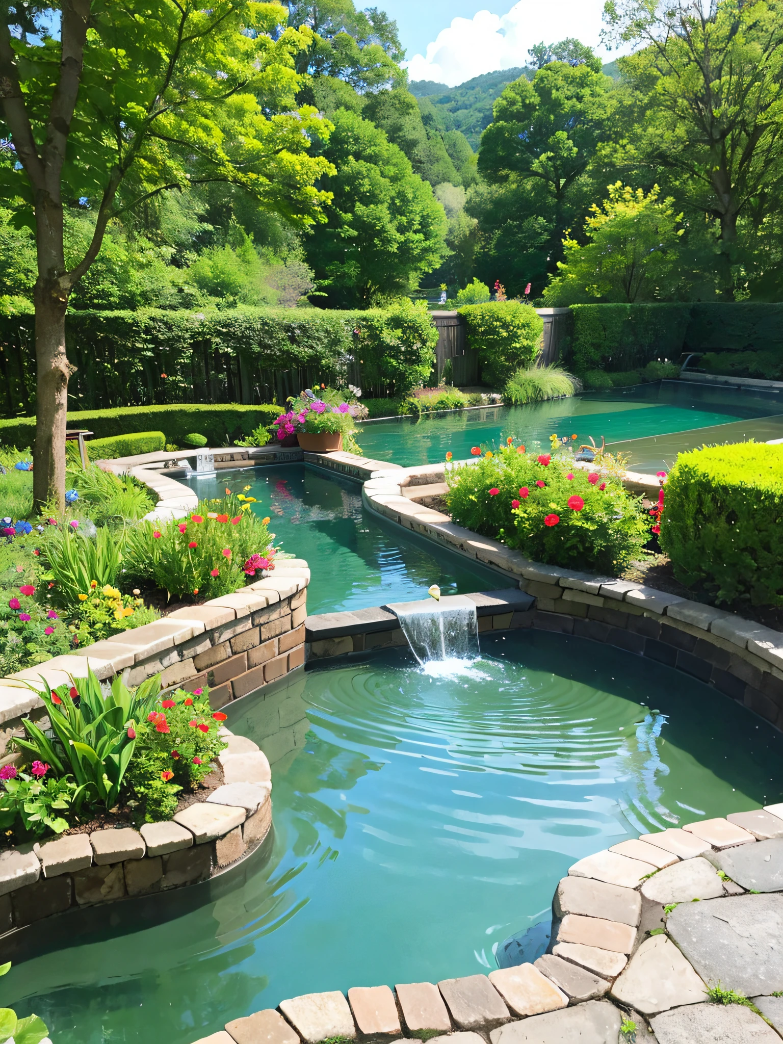 vale,pool,dense with greenery,frogs,limpid,steins,cobblestones,hyper realisitc,photore