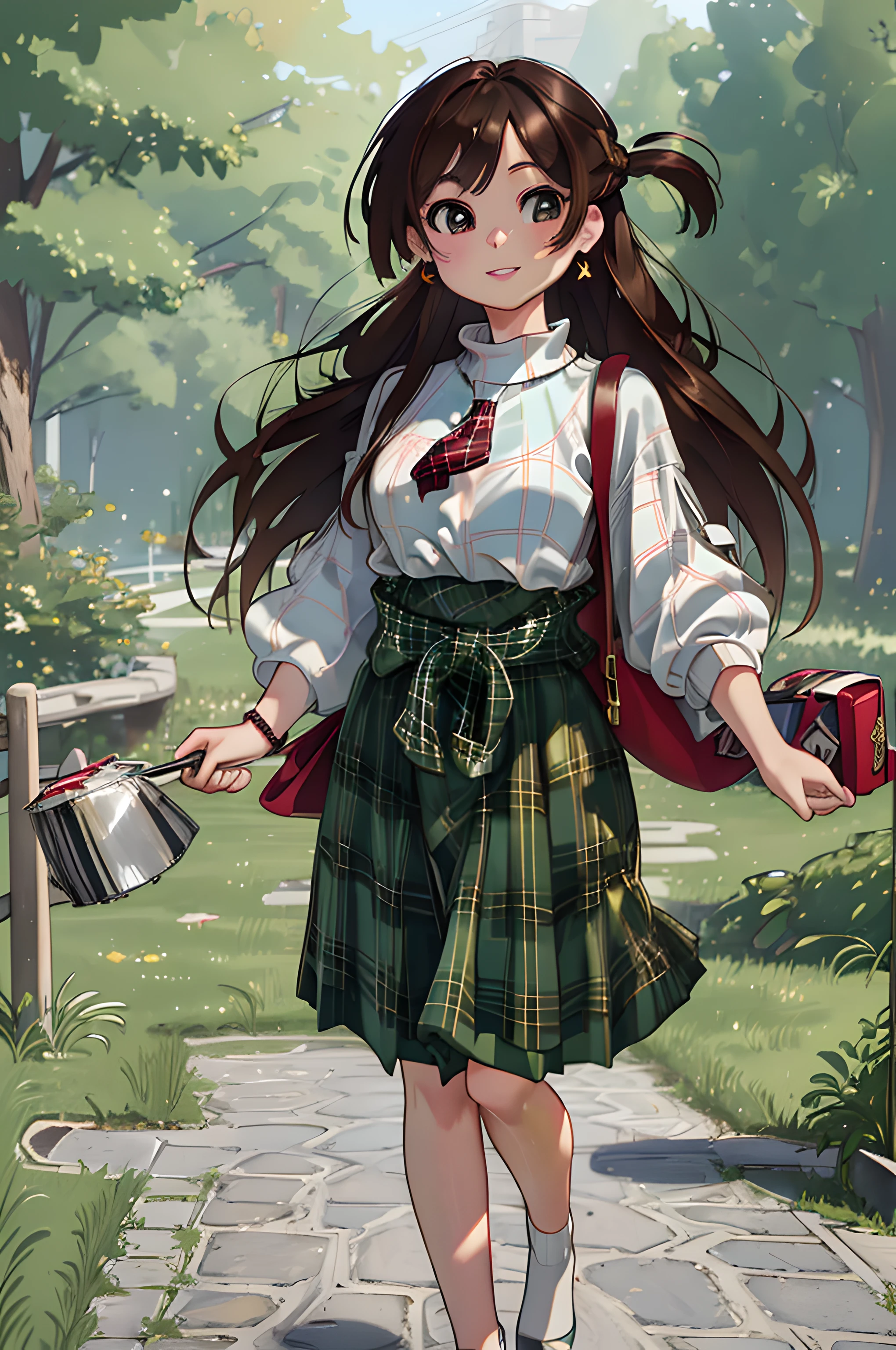 8k, raw camera, highres, detailed, masterpiece, portrait, photorealistic, hyperrealist, aesthetic, beautiful, best quality, highly detaile, best quality clothing, aesthetic clothings, professional angle, rule of thirds, Feminine, delicate, beautiful, 19 years, attractive Japanese, solo, 1 girl, (Chuzuru Ichinose Mizuhara), (In Park with green trees), (Full body), ((From Front) Shallow Depth of Field), Some People in the Background, ((Happy)), (Waist Length Hair, Brown Hair), (Loose Hair, Braid, Bangs , Straight Hair), ((One Side Up)), (Light Brown  Eyes, Open Eyes, Cheerful Gaze), (-, Holding a bag), (Standing, Mouth Closed Smiling), -, Red Bracelet, (Medium Bust), ((High Neck White Sweater, Green Plaid Skirt Knee Length )), (Earrings, Hair RedTie), (-), beautiful body, beautiful eyes, shiny eyes, shiny hair, beautiful mouth, beautiful lips, beautiful skin, beautiful face