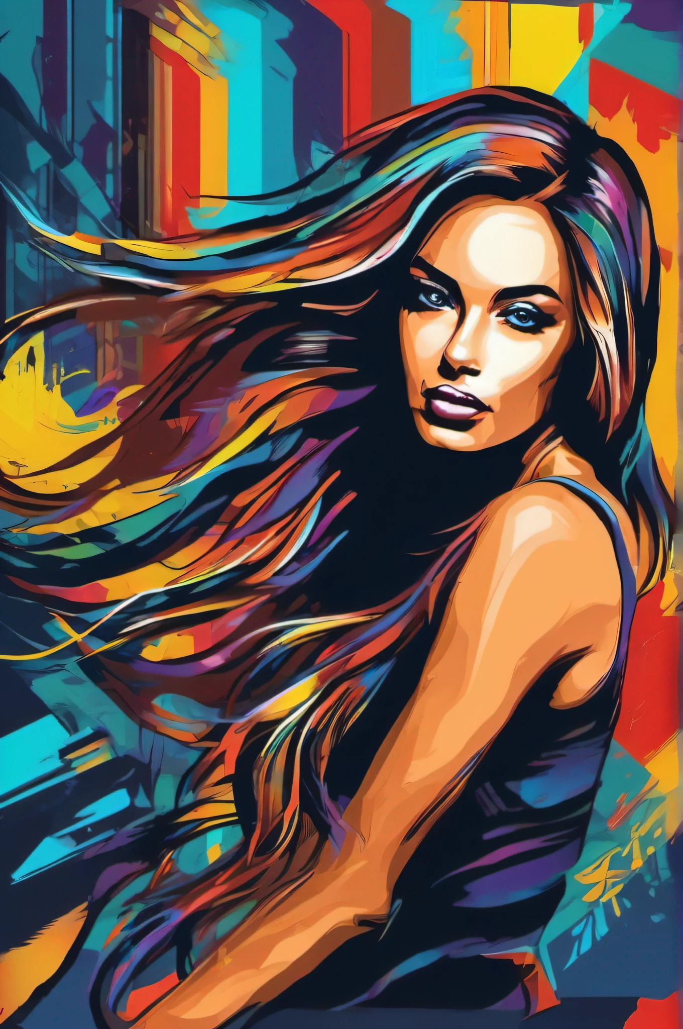 vector art of young woman with long hair, in street art graffiti style artwork, 2d vector image, vector background, black or no background image, vivid colors, realistic style image