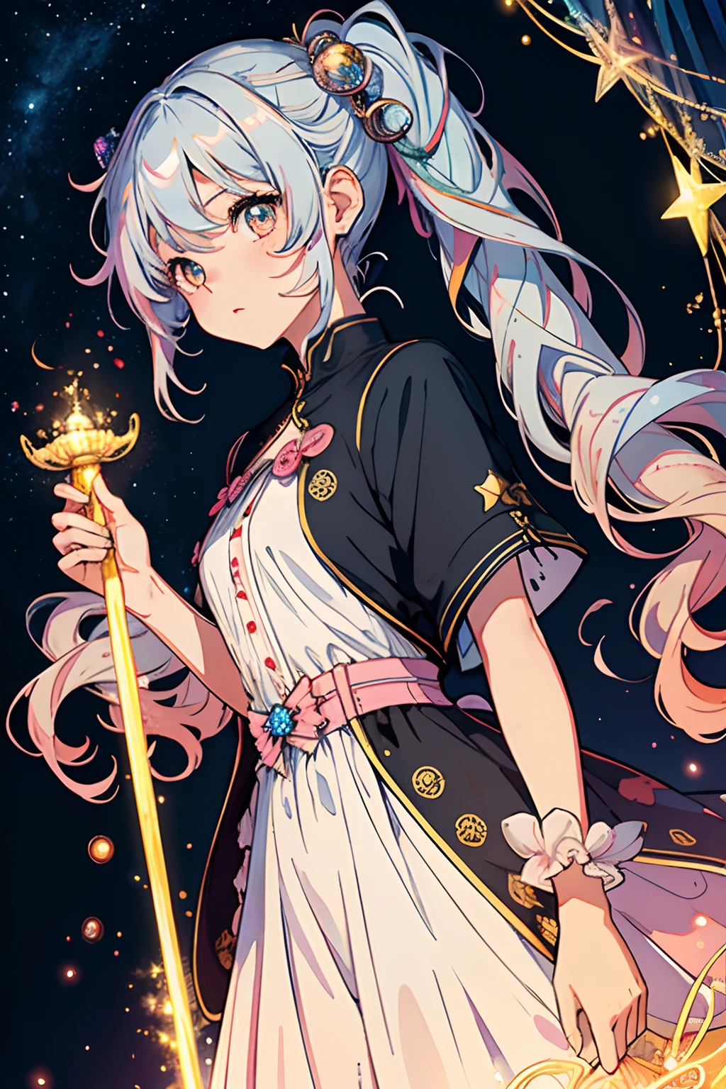 (​masterpiece、top-quality、top-quality、watercolor paiting(Curly)、Official art、Beautifully Aesthetic:1.2)、(1girl in:1.3)、(Fractal Art:1.3)、The upper part of the body、looking at the viewers、patterns、(very long shiny silver hair、Rainbow Star Hair Ornament、colourful hair、Pink mesh hair)、kosmos、Star background、colourfull、starrysky、Glowing light background、（Holding a smartphone in your hand）、big orange eyes、Her eyes are sparkling、Orange pupil、Wearing a uniform、high-level image quality、细致背景、Pigtails、Star Hair Accessories、Underexposed eyes、Lots of stars in the background