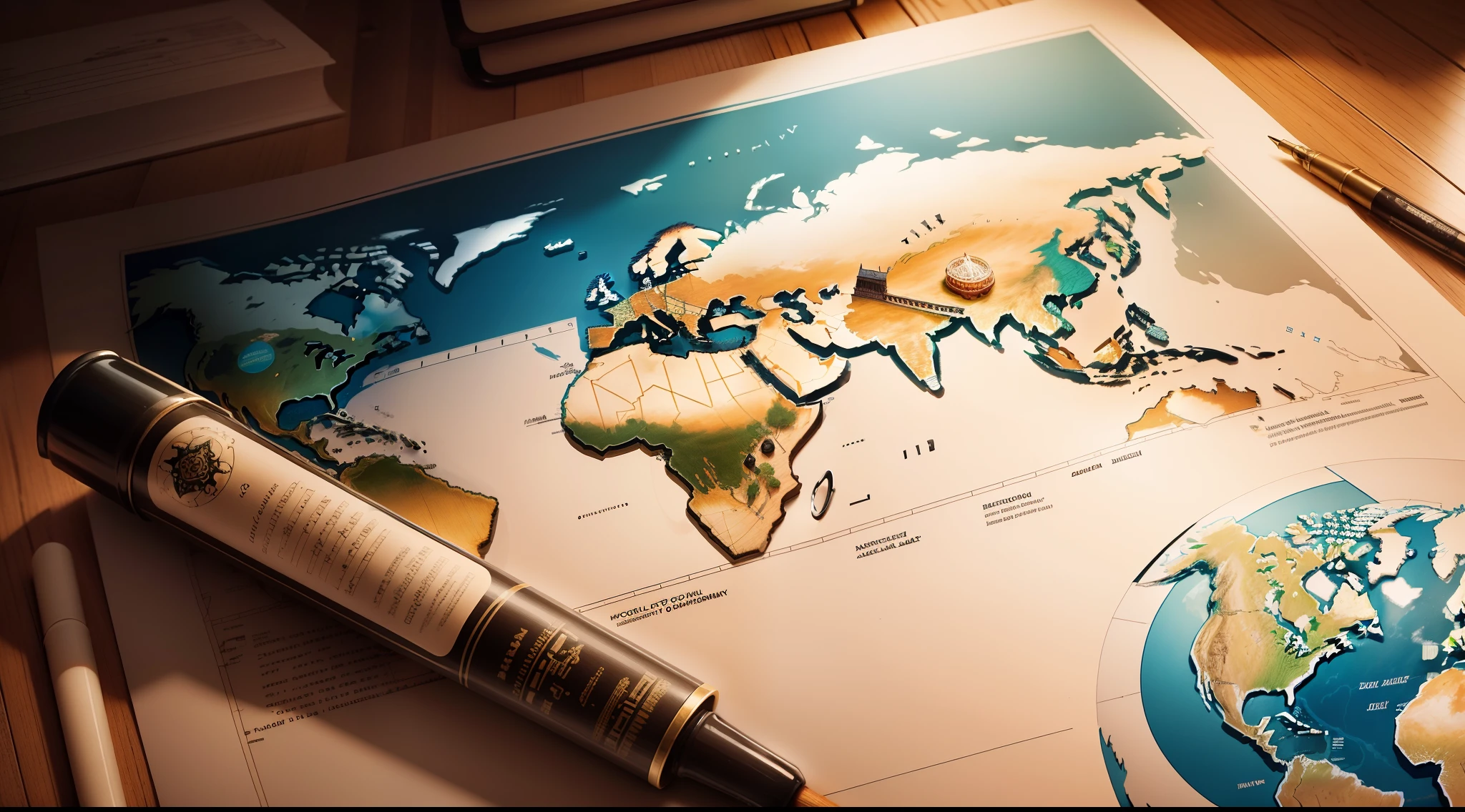 A richly illustrated world map, covered by artistic details and cultural elements from various regions, with destinations marked by colored markers and small representative illustrations, conveying the diversity and excitement of exploring different places, illustration, photorealims
