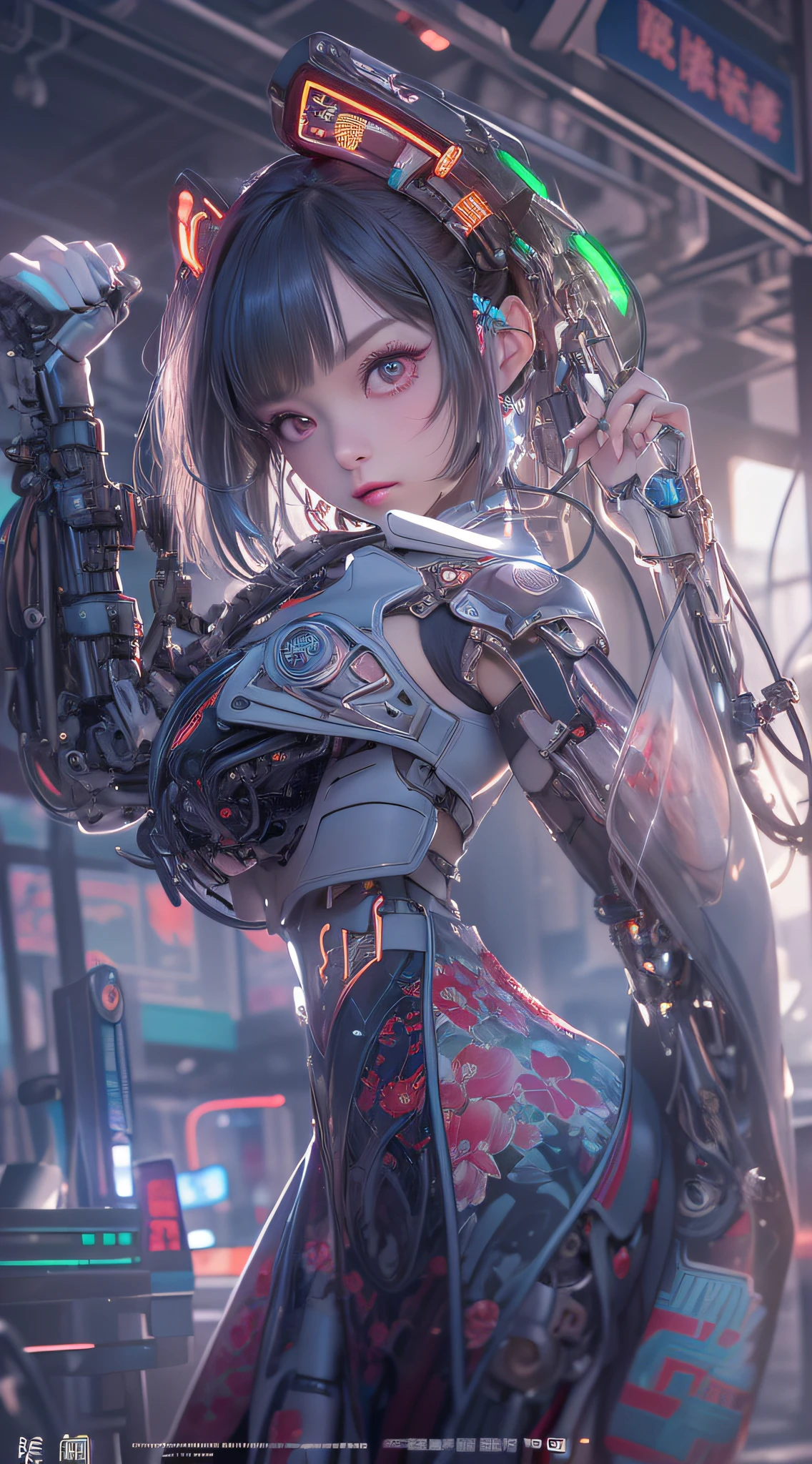 Mechanical prosthetics,Colorful,Cyberpunk,skyscraper,City,alley,Night,Moon,Beautiful detailed sky,Best quality,Amazing,Delicate,Masterpiece,超高分辨率,Ultra detailed,Highly detailed,intricately details,Beautiful detailed,16K resolution,Professional lighting,Physically-based rendering,Cool,Sharp focus,unbelievable Ridiculous,Cinematic lighting,Ray tracing,Professional photography,(Photorealistic:1.4),Realistic art,(RAW photo:1.4),(Extremely detailed CG Unity 16k wallpaper),realistic model,(photograph realistic:1.4),1girll,Solo,A MILF,Dancer,White eyes,poison fangs,Pupil of the slit,Bright pupils,Reflectors,Determined,(Cyberhanfu:1.2),(Glowing colorful floral motif on cheongsam:1.2),(full of machinery and futuristic element:1.2),futurism,stole,framed breasts,view the viewer,hair adornments,(Long hair:1.5),Floating hair,Hairline,Expressive hair,standing,mitts,(Glowing floral pattern:1.2)