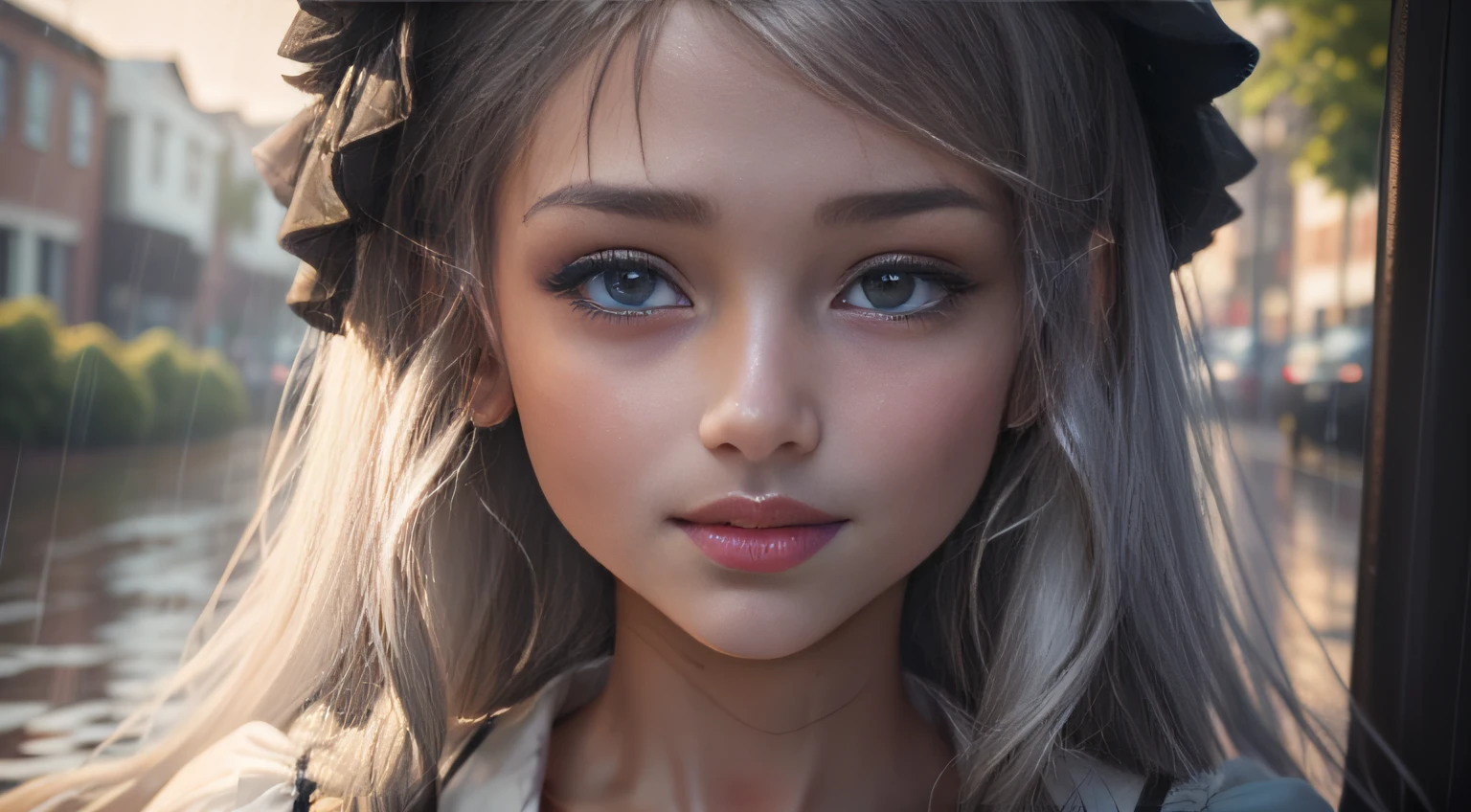 1girll,under rain,Very detailed faces(8k, Best Picture Quality, tmasterpiece:1.2), (realisticlying, realisticlying:1.37),(long whitr hair:1.2),(ssmile:1.harp fokus:1.5),(torn laundry:1.5),(wetclothes:1.4)
