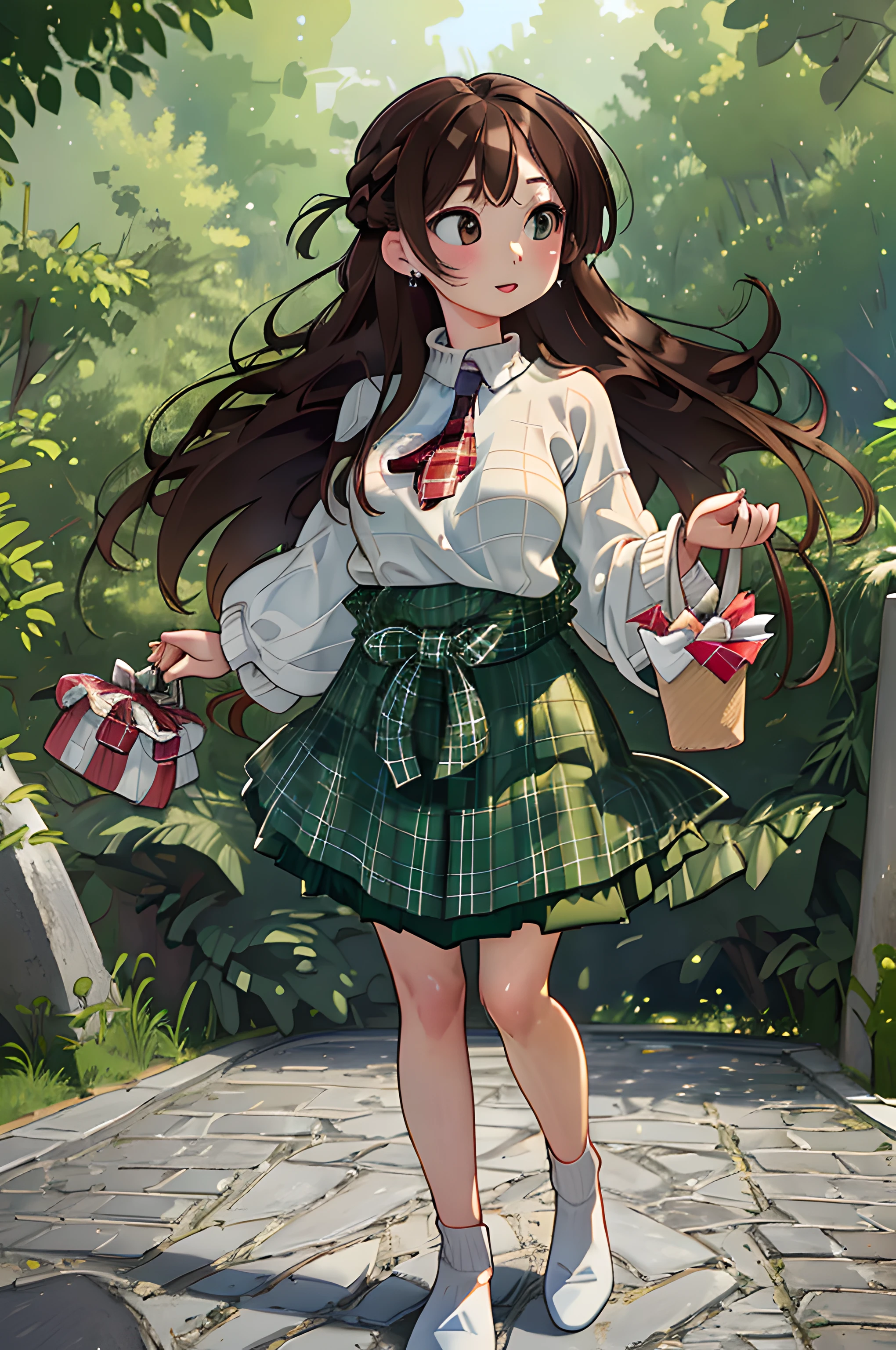 8k, raw camera, highres, detailed, masterpiece, portrait, photorealistic, hyperrealist, aesthetic, beautiful, best quality, highly detaile, best quality clothing, aesthetic clothings, professional angle, rule of thirds, Feminine, delicate, beautiful, 19 years, attractive Japanese, solo, 1 girl, (Chuzuru Ichinose Mizuhara), (In Park with green trees), (Full body), ((From Front) Shallow Depth of Field), Some People in the Background, ((Happy)), (Waist Length Hair, Brown Hair), (Loose Hair, Braid, Bangs , Straight Hair), ((One Side Up)), (Light Brown Eyes, Open Eyes, Cheerful Gaze), (-, Holding a bag), (Standing, Mouth Closed Smiling), -, Red Bracelet, (Medium Bust), ((High Neck White Sweater, Green Plaid Skirt Knee Length )), (Earrings, Hair RedTie), (-), beautiful body, beautiful eyes, shiny eyes, shiny hair, beautiful mouth, beautiful lips, beautiful skin, beautiful face