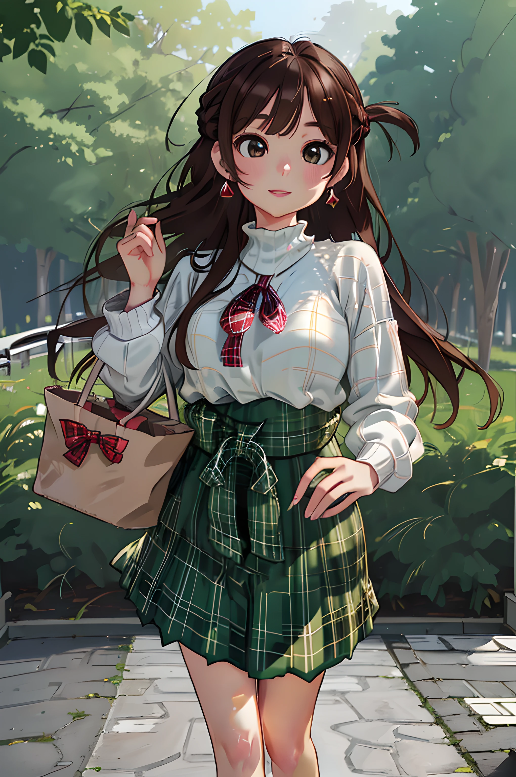 8k, raw camera, highres, detailed, masterpiece, portrait, photorealistic, hyperrealist, aesthetic, beautiful, best quality, highly detaile, best quality clothing, aesthetic clothings, professional angle, rule of thirds, Feminine, delicate, beautiful, 19 years, attractive Japanese, solo, 1 girl, (Chuzuru Ichinose Mizuhara), (In Park with green trees), (Full body), ((From Front) Shallow Depth of Field), Some People in the Background, ((Happy)), (Waist Length Hair, Brown Hair), (Loose Hair, Braid, Bangs , Straight Hair), ((One Side Up)), (Light Brown  Eyes, Open Eyes, Cheerful Gaze), (-, Holding a bag), (Standing, Mouth Closed Smiling), -, Red Bracelet, (Medium Bust), ((High Neck White Sweater, Green Plaid Skirt Knee Length )), (Earrings, Hair RedTie), (-), beautiful body, beautiful eyes, shiny eyes, shiny hair, beautiful mouth, beautiful lips, beautiful skin, beautiful face