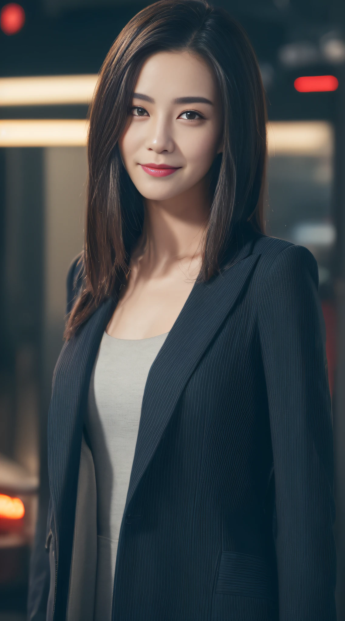 ((top-quality、8K、masterpiece:1.3))、sharp:1.2、Perfect Body Beauty:1.4、Slim abs:1.2、Big、Beautiful face、A smile、((1 business woman:1.3))、(Cyberpunk background:1.2)、Straight hair、Highly detailed facial and skin texture、A detailed eye、Aspect of looking at the camera