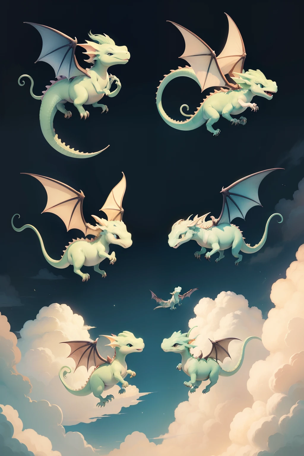 four little dragons flying for children´s book, on white background
