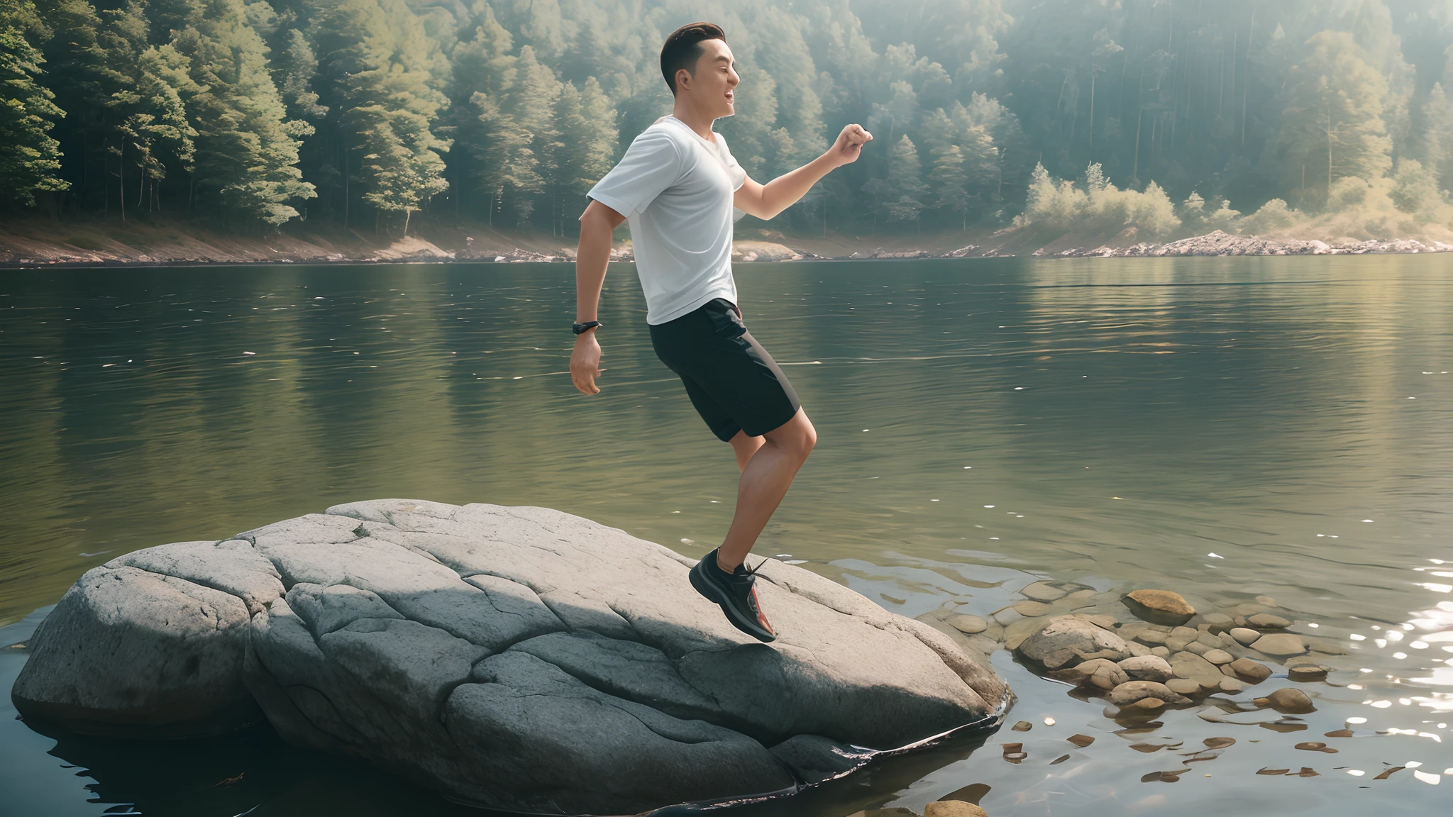 a candid photo of a guy skipping on a rocky stone that submerge on the lake, located on a forest mountain at morning time, close up on face, soft diffused lightning, shot on Hasselblad 500CM --auto --s2