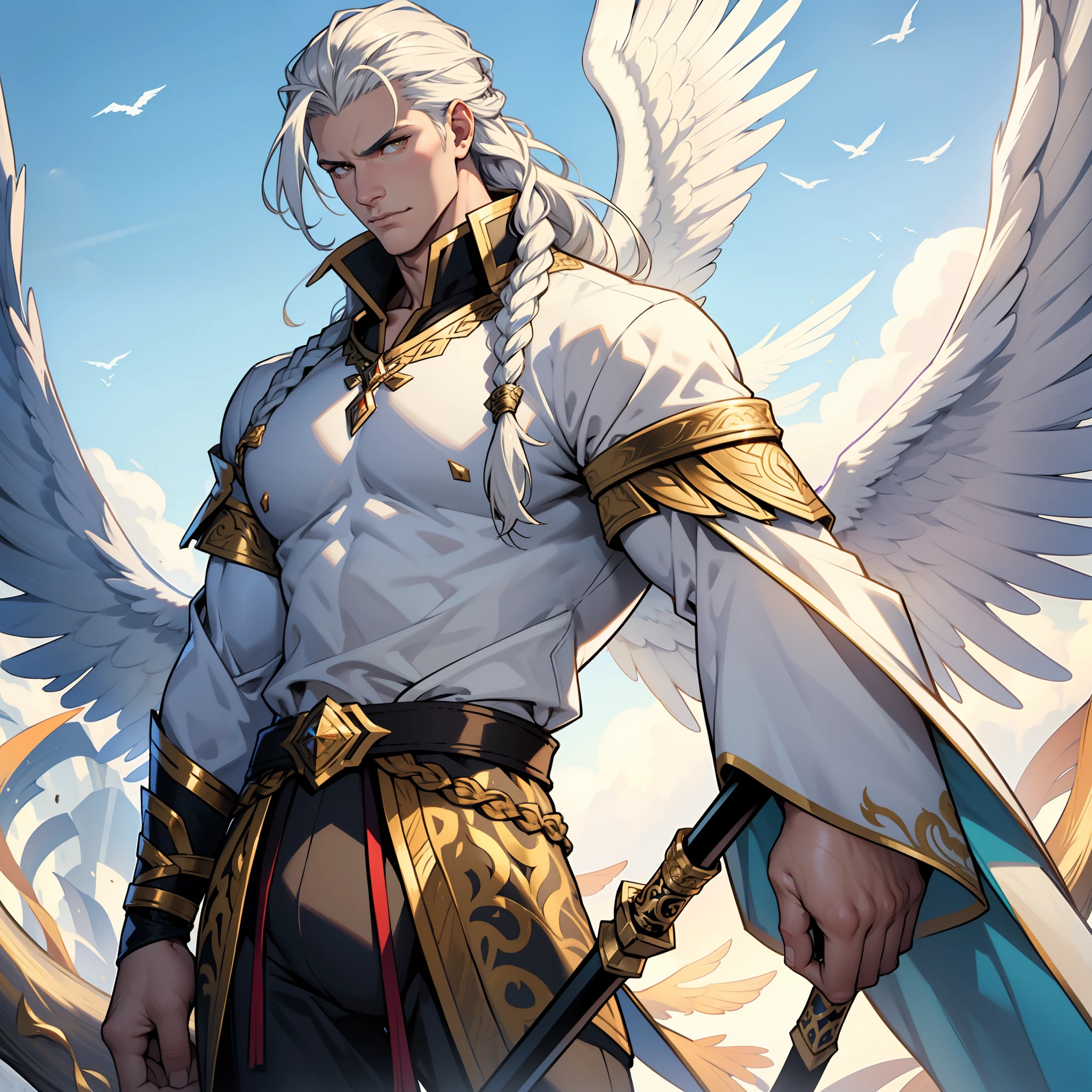 Caius is a handsome male, stands at 7ft tall. He has an athletic body structure. He wears royal attire thats silver and gold. He has beautiful long white silky hair and a golden eye color. He is seen with a staff. He has huge white wings. A big bulge in his pants. White Phoenix human form. His hair is braided back. Portrait. Bara. Roman nose. Muscular. Defined jawline