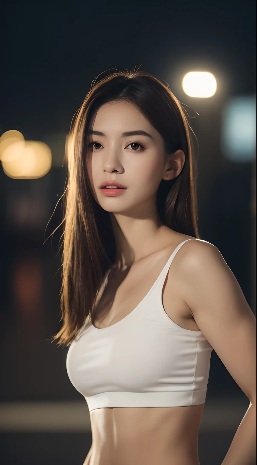 ((Realistic lighting, Best quality, 8K, Masterpiece: 1.3)), Clear focus: 1.2, 1girl, Perfect Figure: 1.4, Slim Abs: 1.1, ((Dark brown hair)), (White crop top: 1.4), (Outdoor, Night: 1.1), City streets, Super fine face, Fine eyes, Double eyelids,