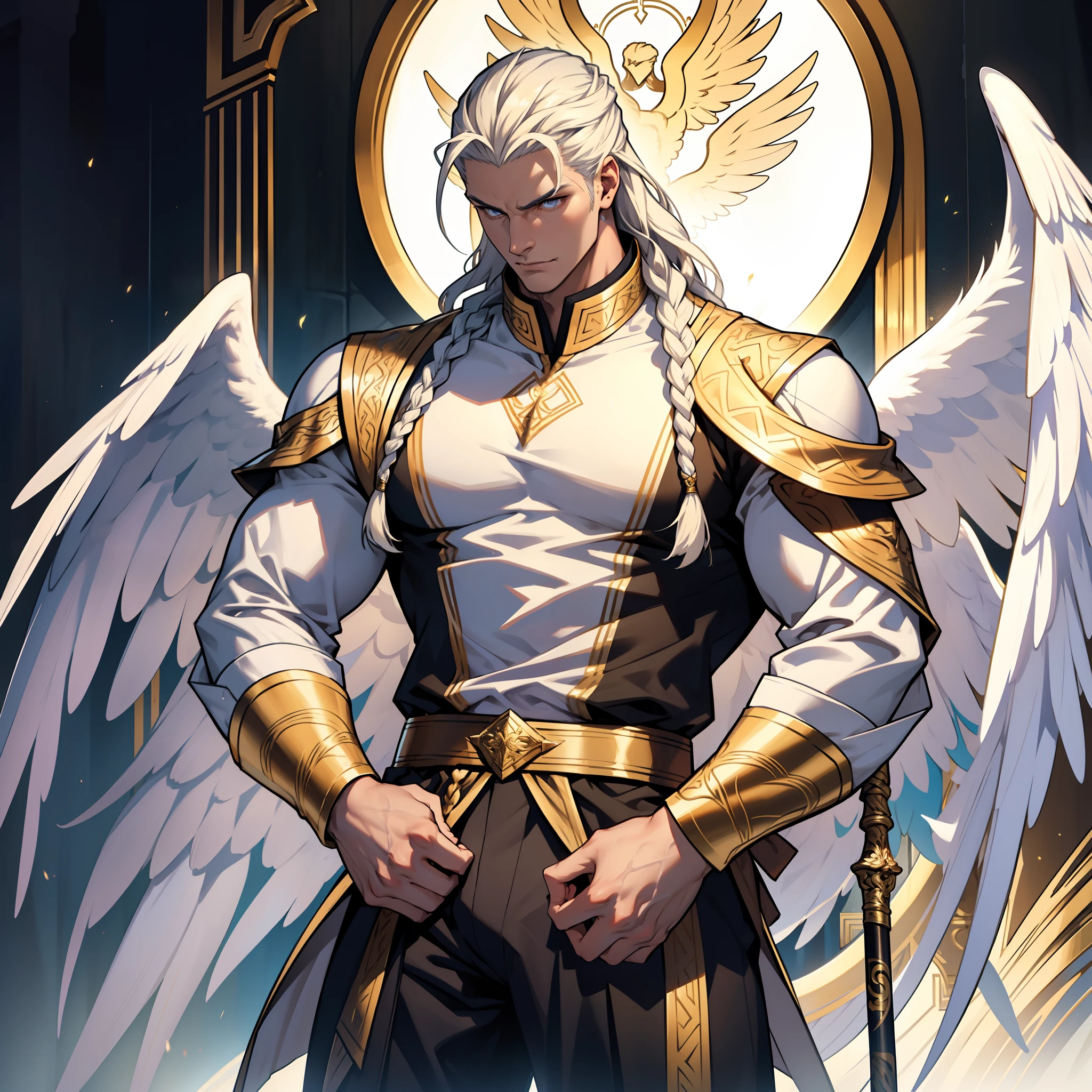 Caius is a handsome male, stands at 7ft tall. He has an athletic body structure. He wears royal attire thats silver and gold. He has beautiful long white silky hair and a golden eye color. He is seen with a staff. He has huge white wings. A big bulge in his pants. White Phoenix human form. His hair is braided back. Portrait. Bara. Roman nose. Muscular. Defined jawline
