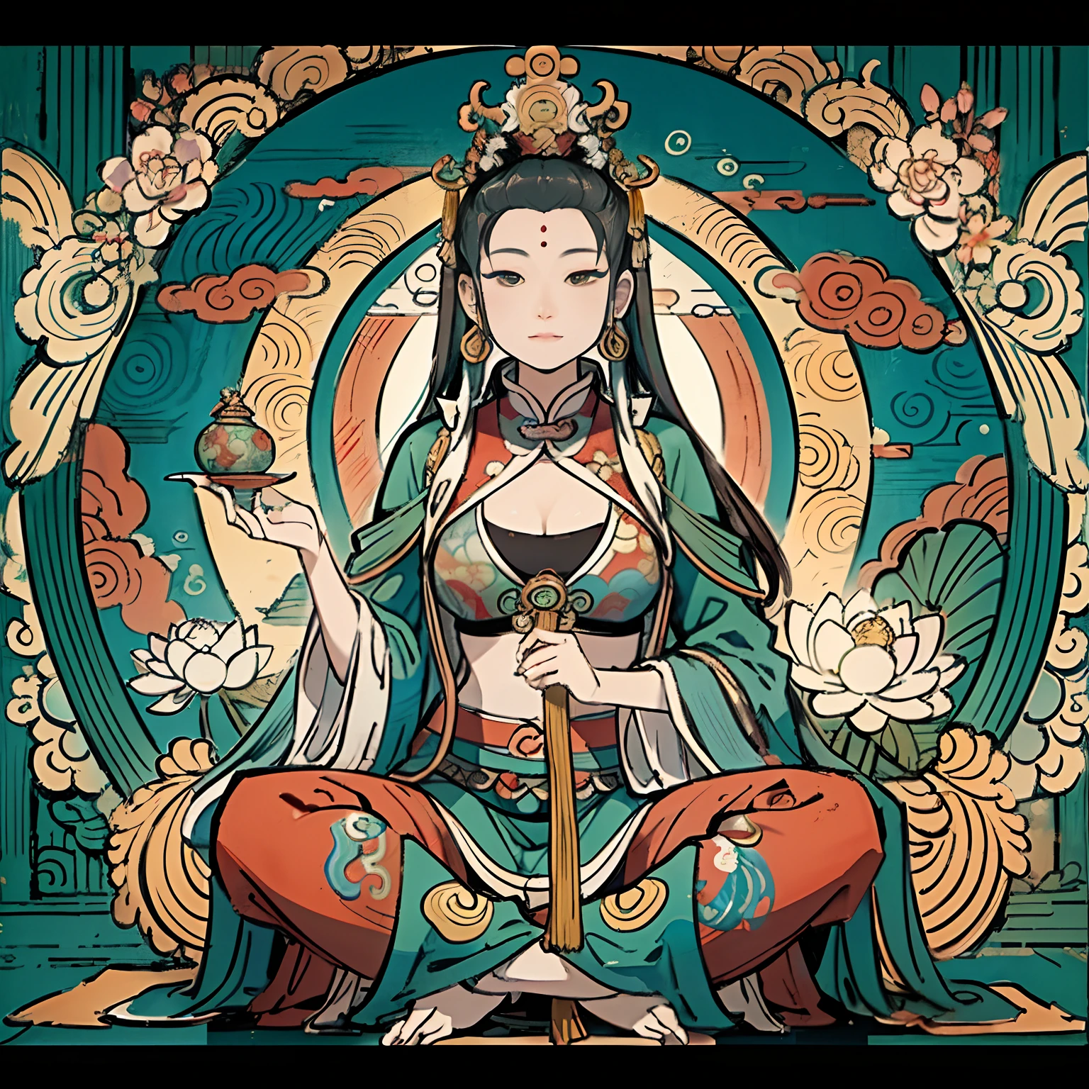 an ancient Chinese goddess, guanyin of the southern seas, Guanyin, Inspired by India, Avalokiteshvara，,Serene expression,shui mo hua,Buddha,Buddhist,Lotus,Chinese painting style,Thangka style