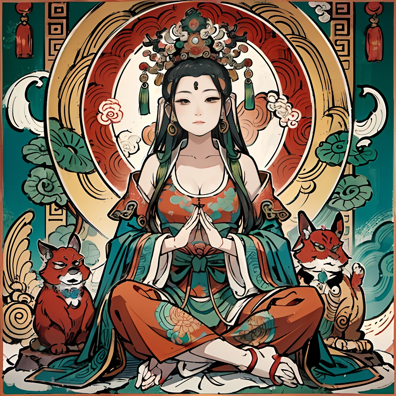 an ancient Chinese goddess, guanyin of the southern seas, Guanyin, Inspired by India, Avalokiteshvara，,Serene expression,shui mo hua,Buddha,Buddhist,Lotus,Chinese painting style,Thangka style