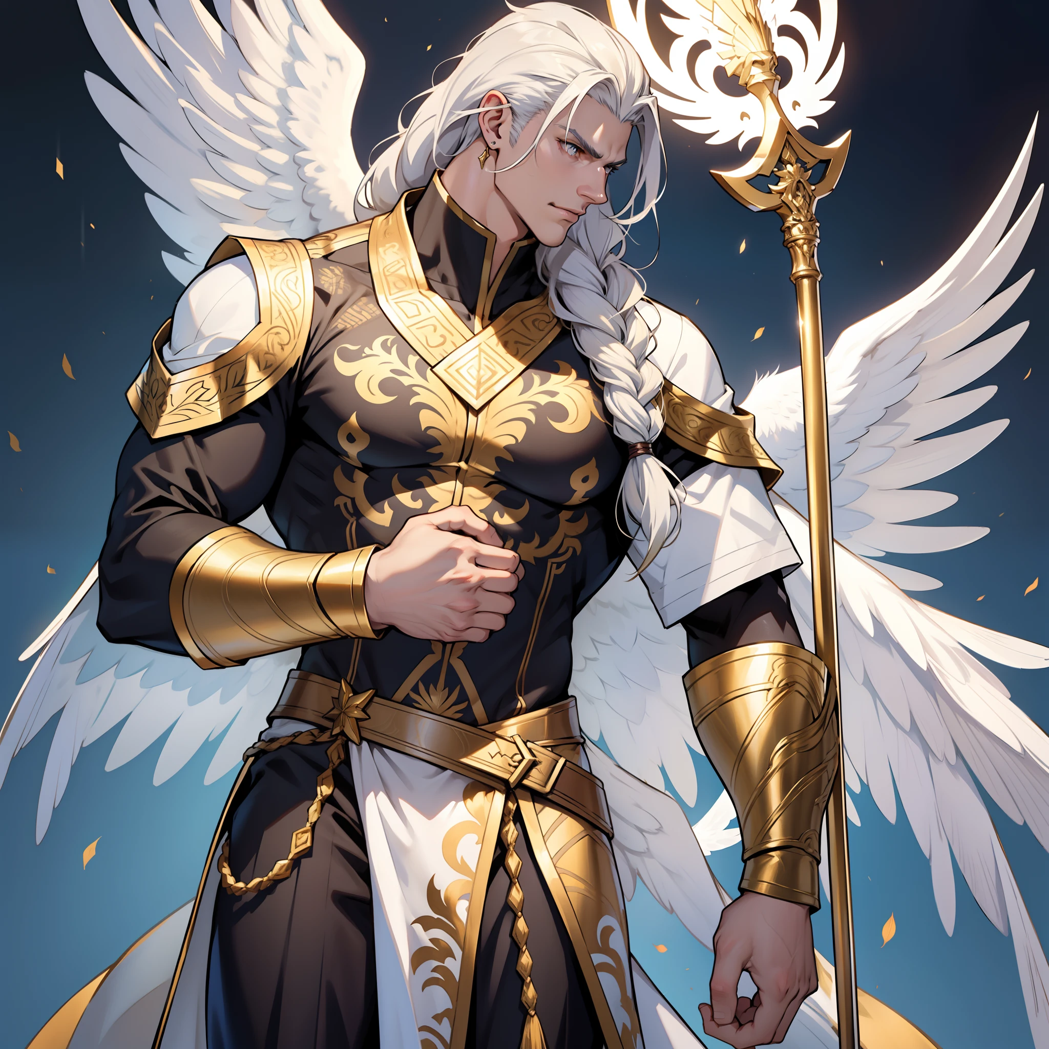 Caius is a handsome male, stands at 7ft tall. He has an athletic body structure. He wears royal attire thats silver and gold. He has beautiful long white silky hair and a golden eye color. He is seen with a staff. He has huge white wings. A big bulge in his pants. White Phoenix human form. His hair is braided back. Portrait. Bara. Roman nose. Muscular. Defined jawline